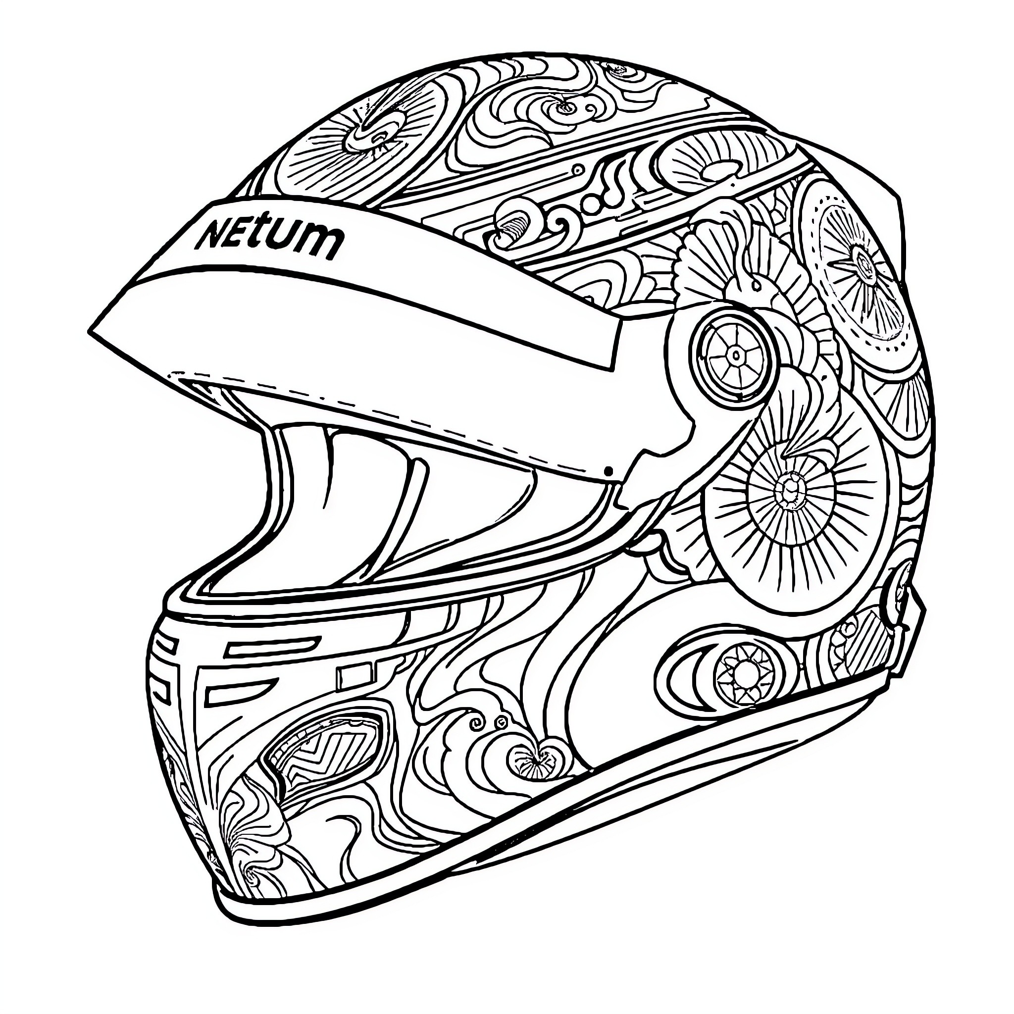 Lando Norris' Intricate Motorsport Helmet Design Coloring Page (free black-and-white line drawing printable PDF for all, from beginners to advanced learners, including children, teens, adults, and seniors)