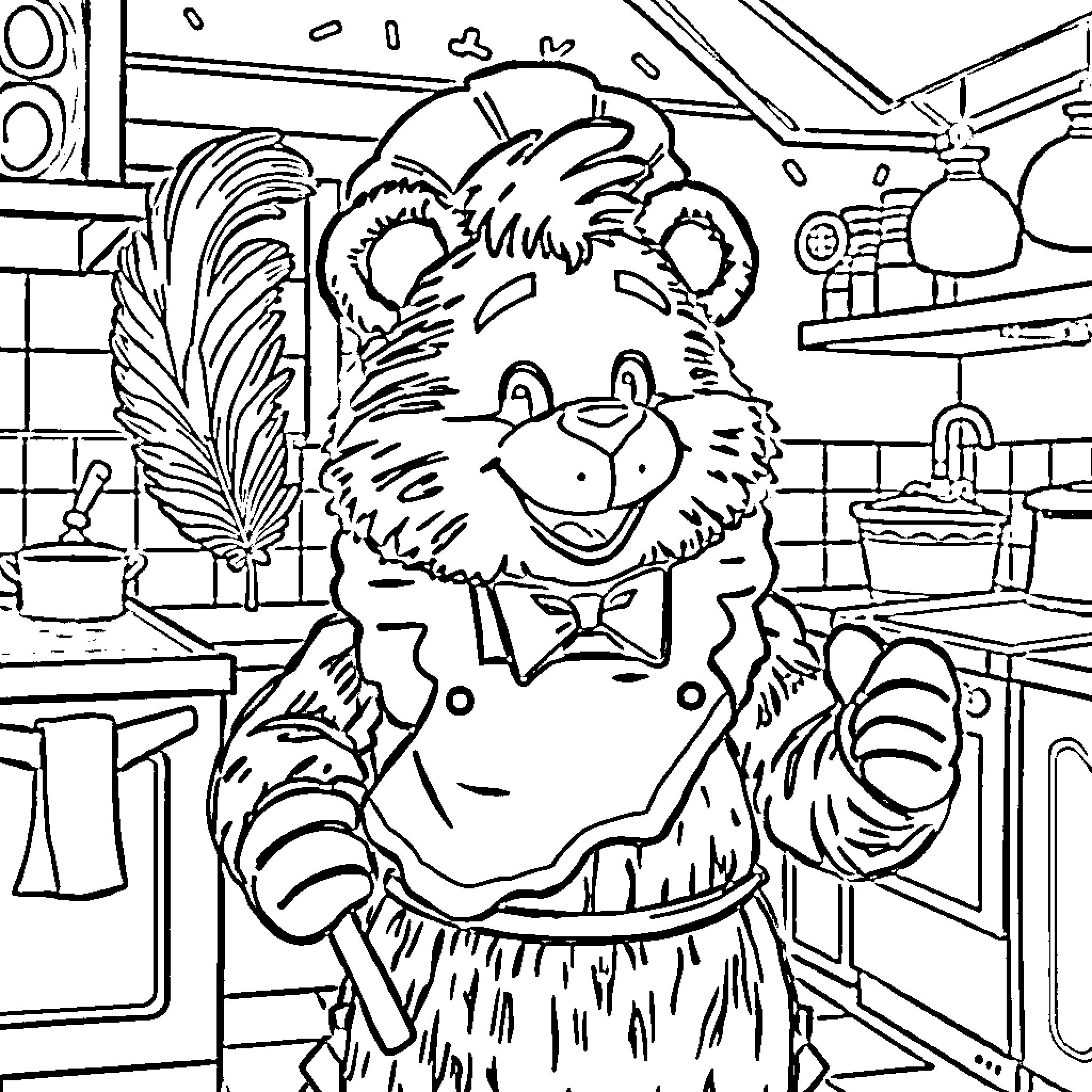 Freddy Fazbear cooking in the kitchen Coloring Page (free black-and-white line drawing printable PDF for all, from beginners to advanced learners, including children, teens, adults, and seniors)