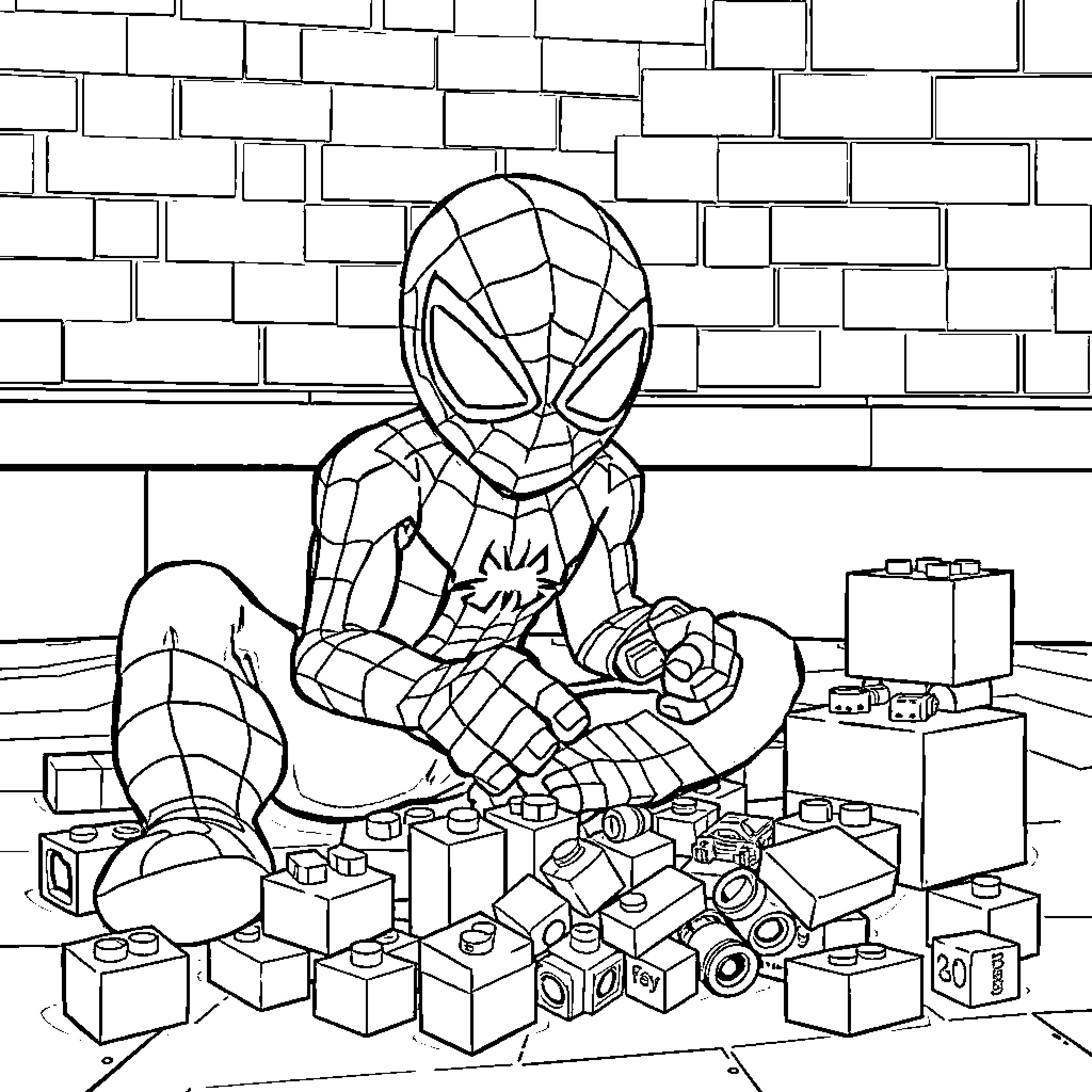 Spidey playing with building blocks in the city Coloring Page (free black-and-white line drawing printable PDF for all, from beginners to advanced learners, including children, teens, adults, and seniors)