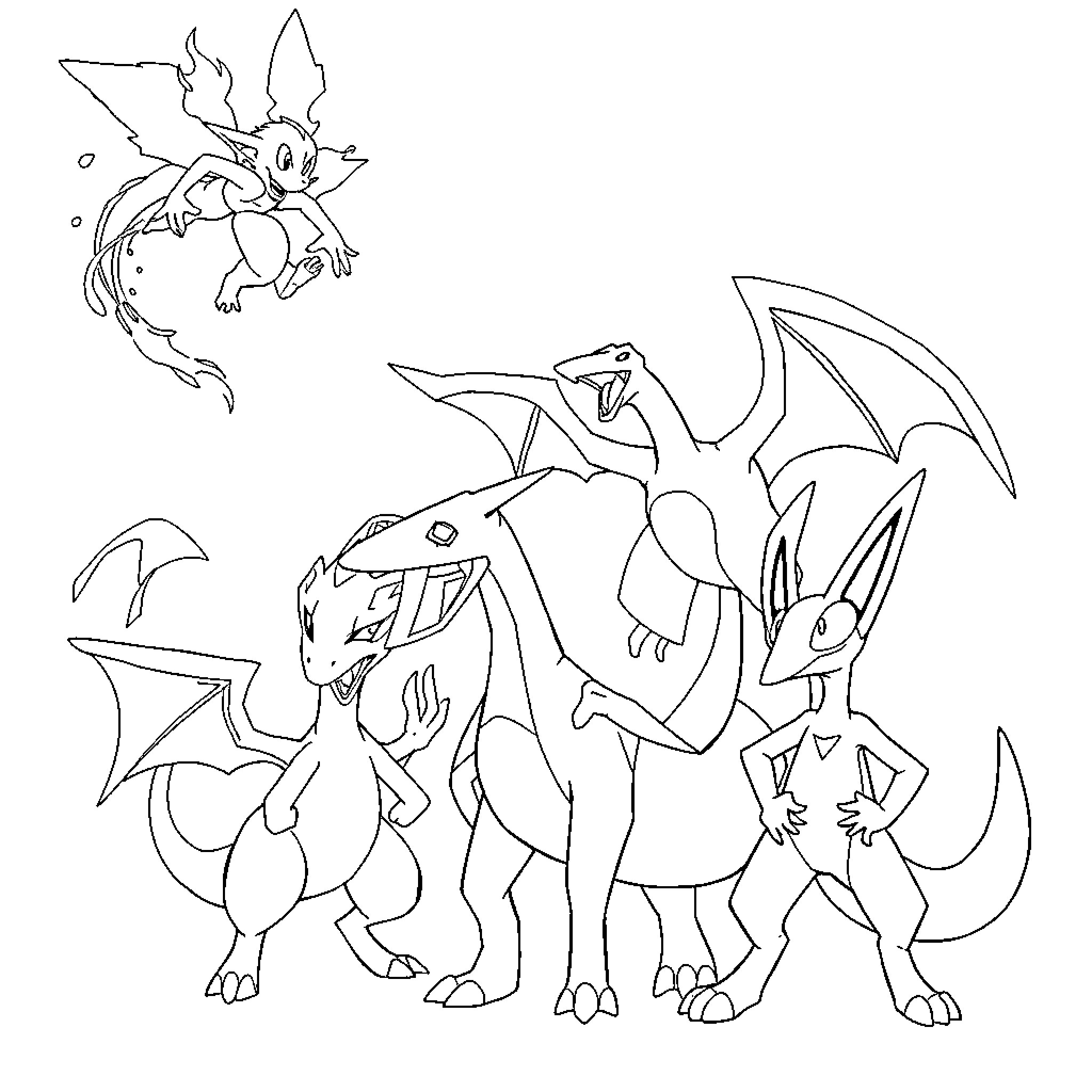 Pokémon Trio Engaged in Action Coloring Page (free black-and-white line drawing printable PDF for all, from beginners to advanced learners, including children, teens, adults, and seniors)
