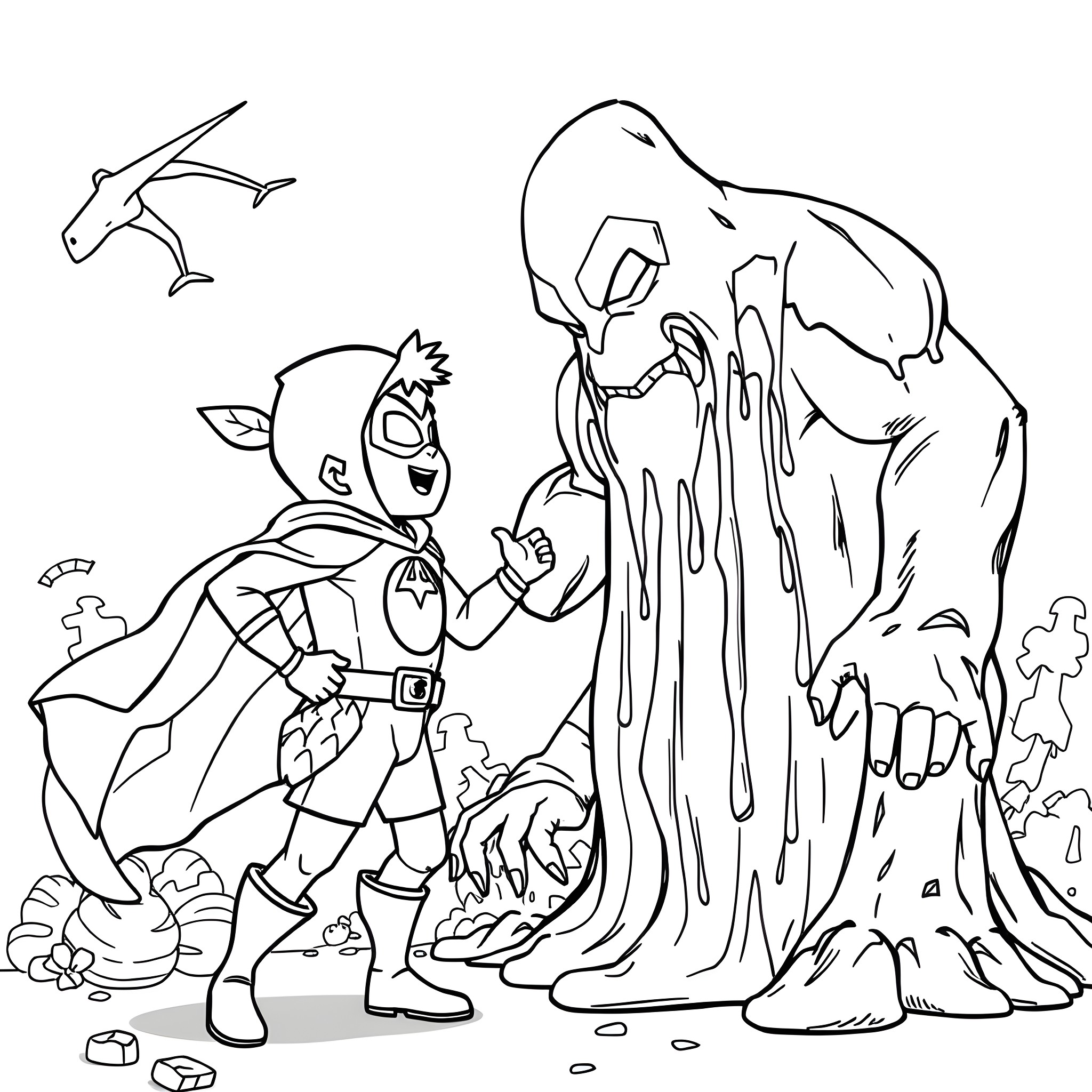 Avocado hero battles monstrous adversary in enchanted forest Coloring Page (free black-and-white line drawing printable PDF for all, from beginners to advanced learners, including children, teens, adults, and seniors)
