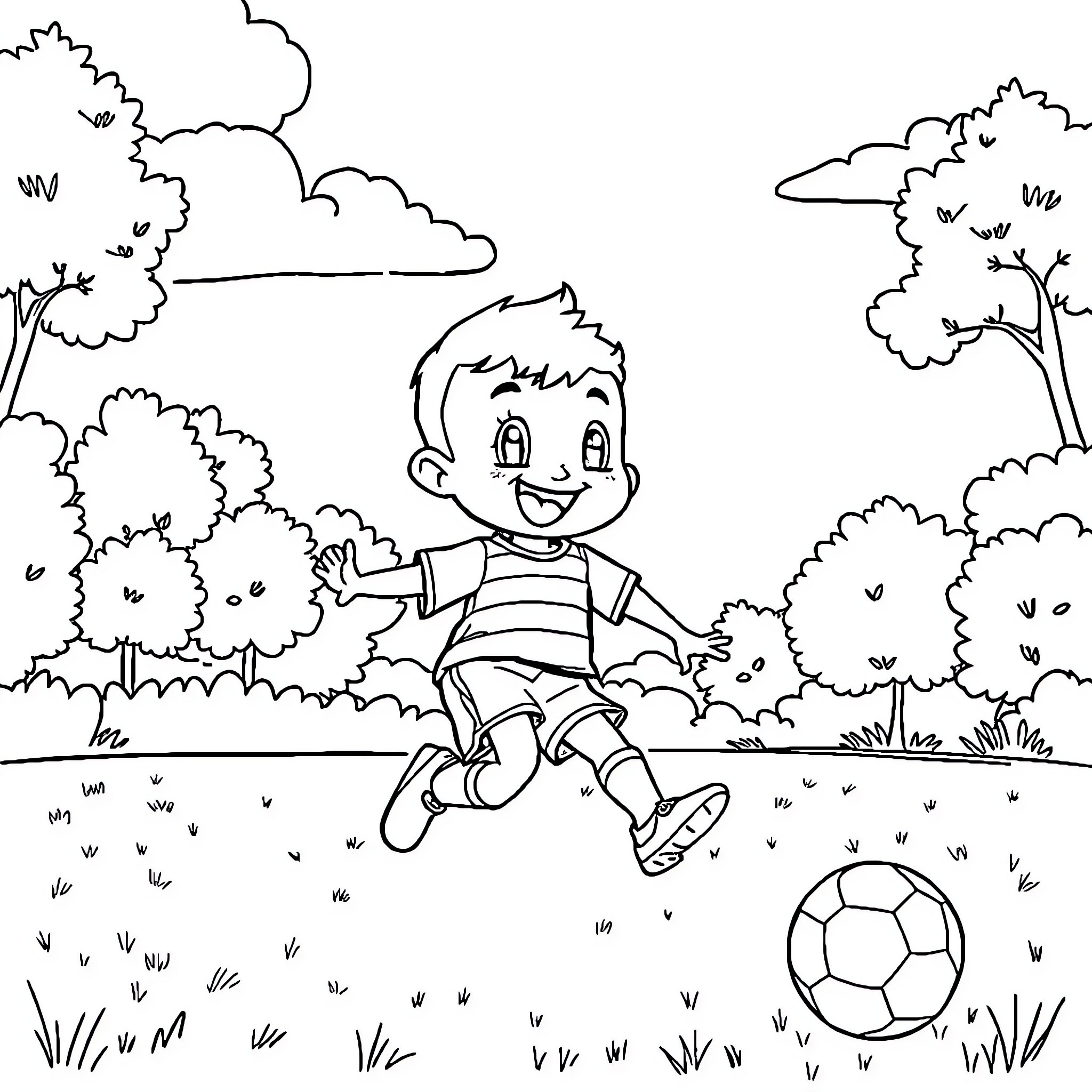 Bubu playing with a soccer ball in the park Coloring Page (free black-and-white line drawing printable PDF for all, from beginners to advanced learners, including children, teens, adults, and seniors)