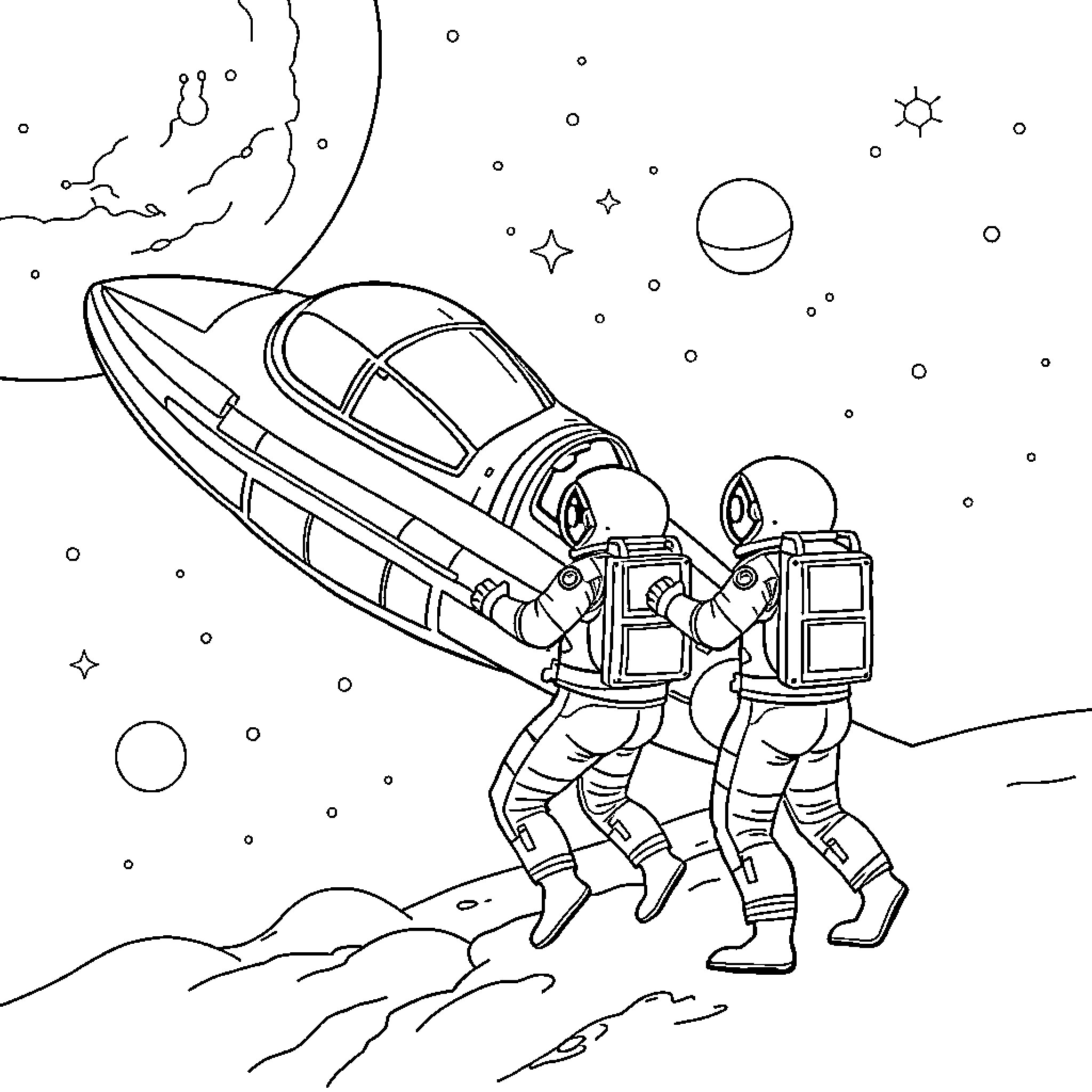 Spaceship with astronauts exploring the galaxy Coloring Page (free black-and-white line drawing printable PDF for all, from beginners to advanced learners, including children, teens, adults, and seniors)