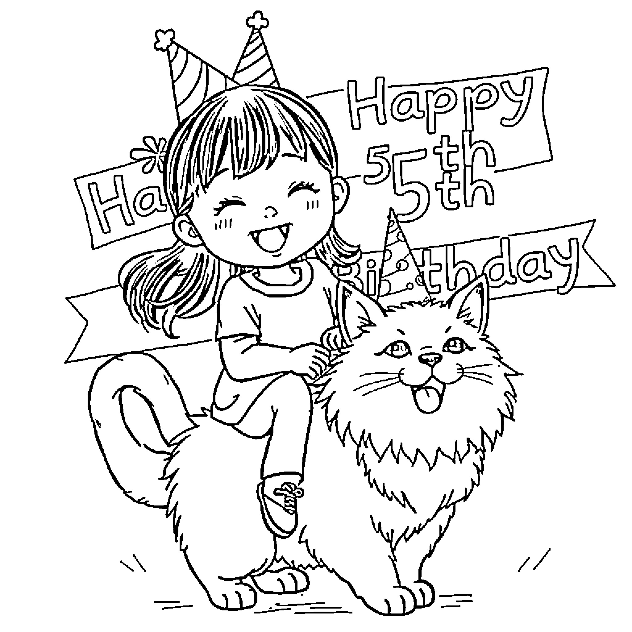 Girl celebrating 5th birthday with cat Coloring Page (free black-and-white line drawing printable PDF for all, from beginners to advanced learners, including children, teens, adults, and seniors)