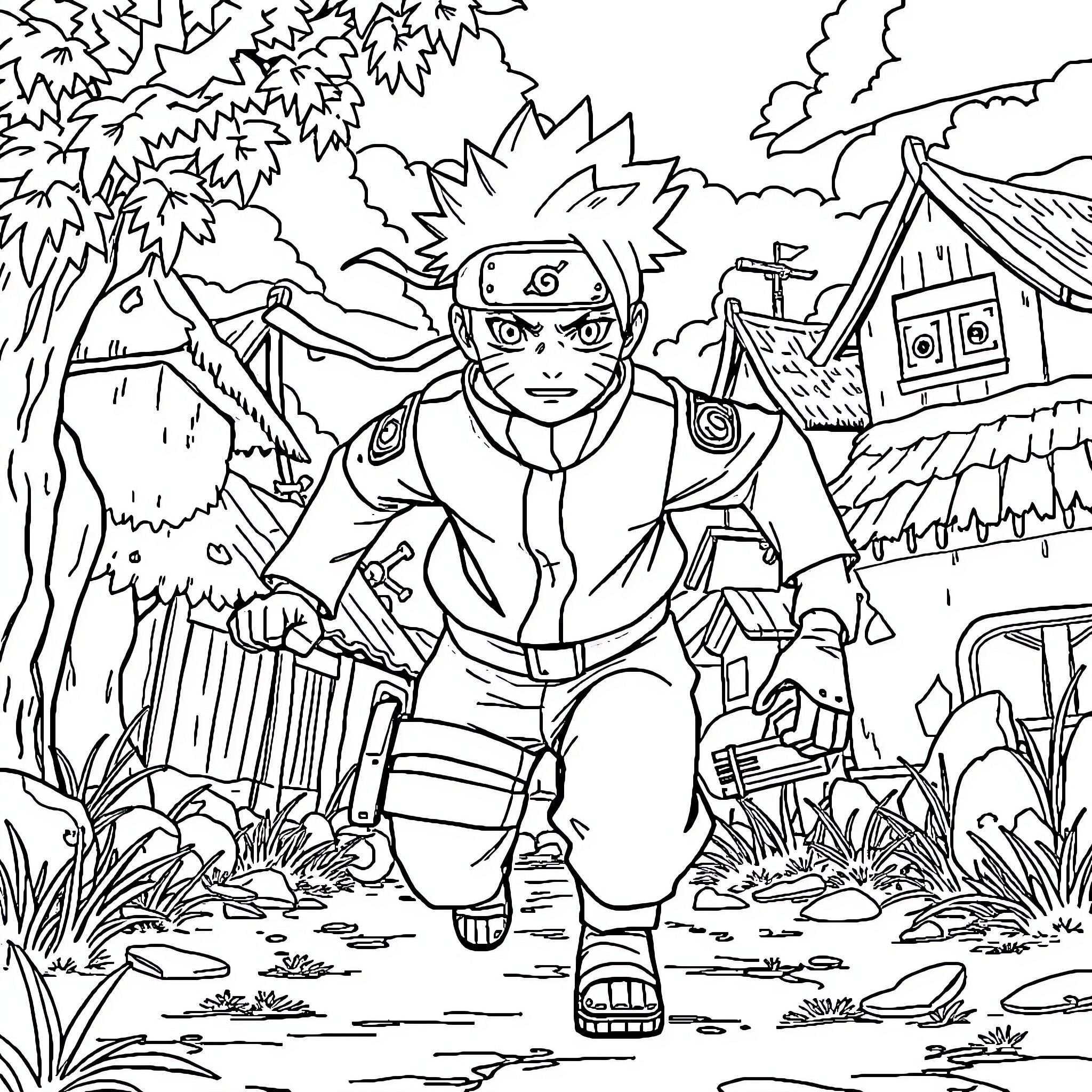 Naruto exploring the forest with determination Coloring Page (free black-and-white line drawing printable PDF for all, from beginners to advanced learners, including children, teens, adults, and seniors)