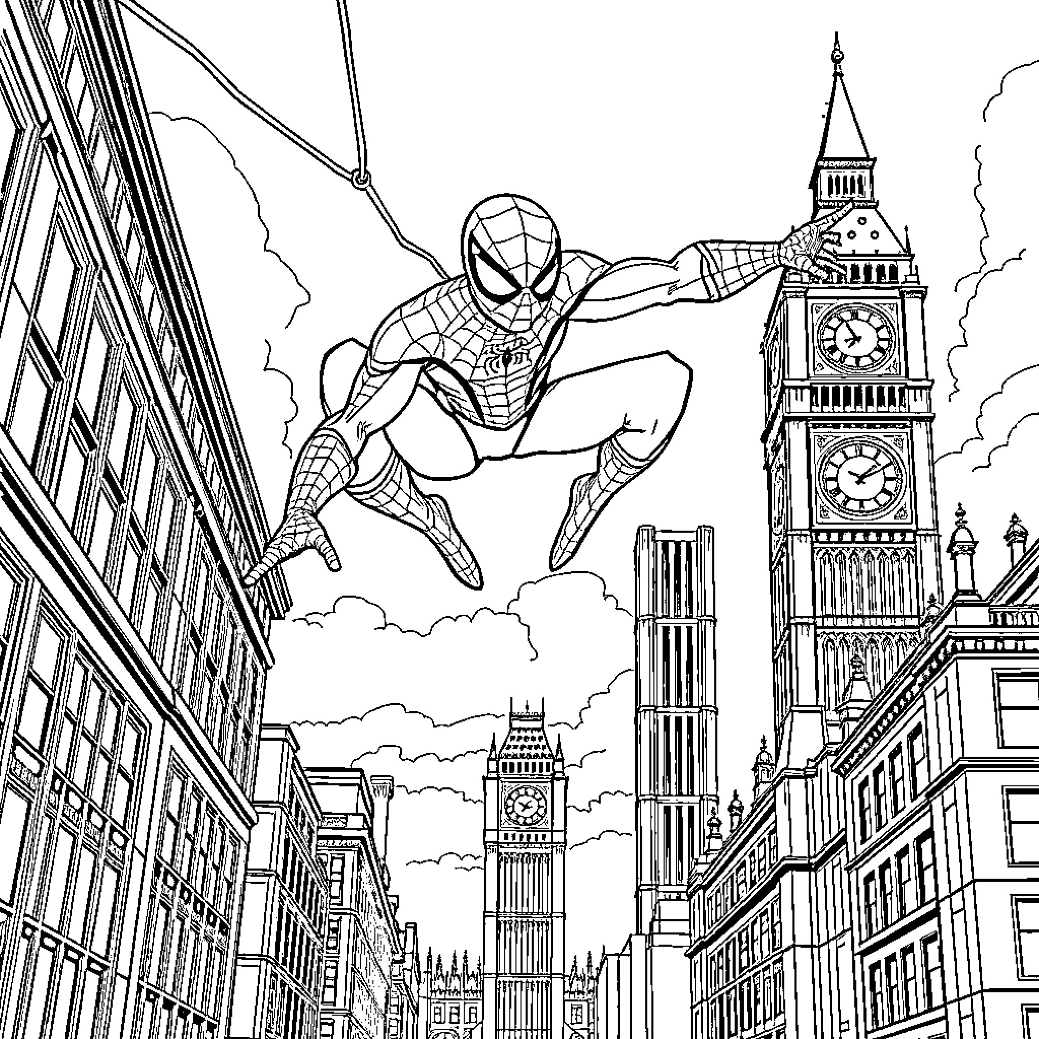 Spider-Man swinging through the city streets Coloring Page (free black-and-white line drawing printable PDF for all, from beginners to advanced learners, including children, teens, adults, and seniors)
