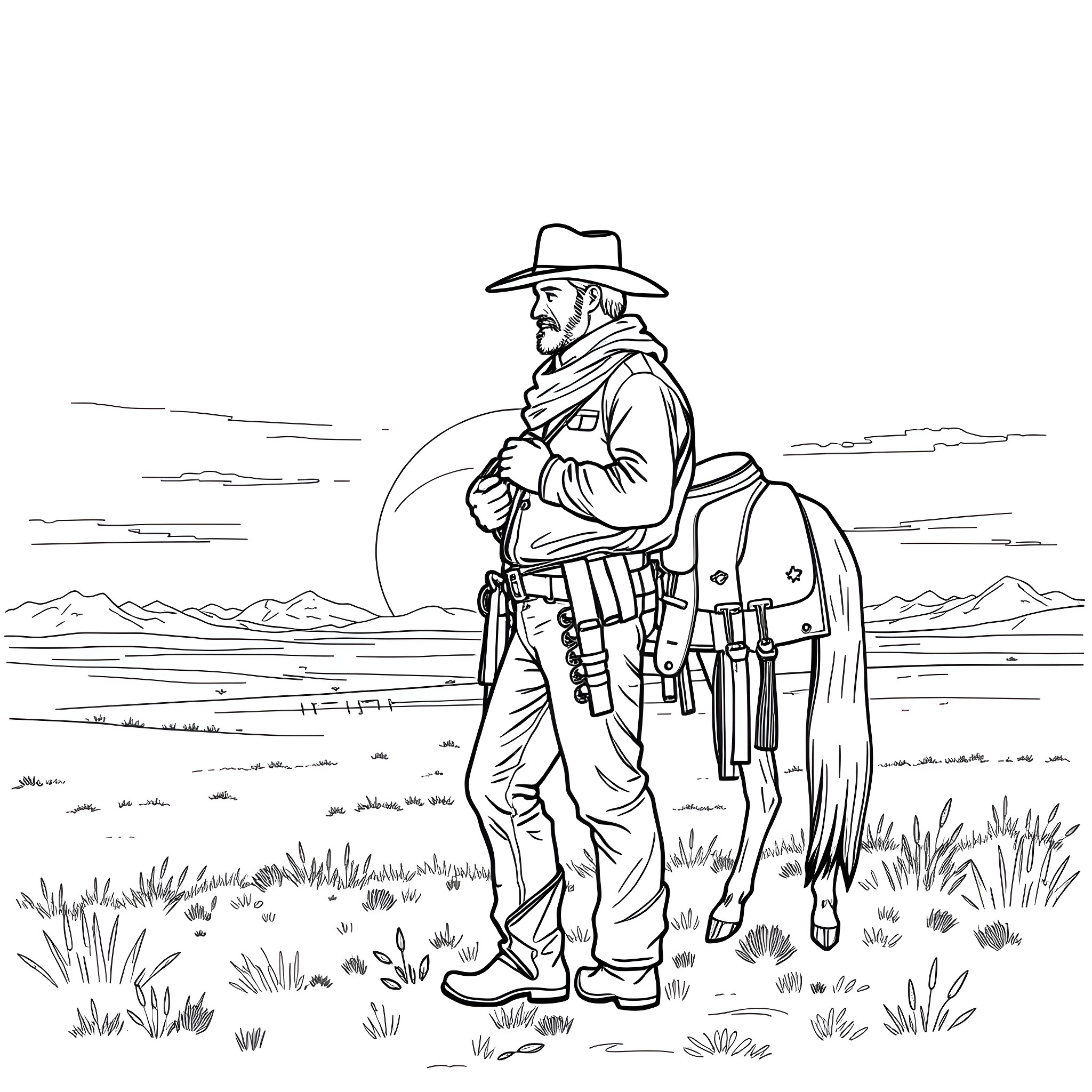 Cowboy standing tall in the wilderness Coloring Page (free black-and-white line drawing printable PDF for all, from beginners to advanced learners, including children, teens, adults, and seniors)