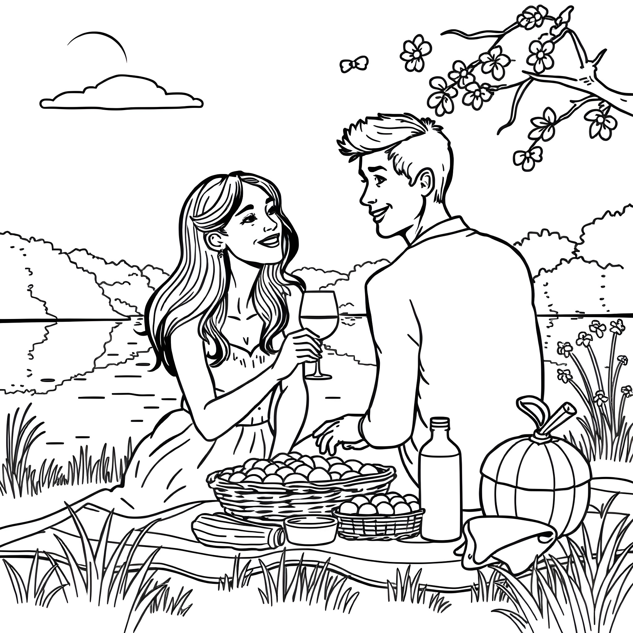 Couple enjoying a picnic in nature Coloring Page (free black-and-white line drawing printable PDF for all, from beginners to advanced learners, including children, teens, adults, and seniors)