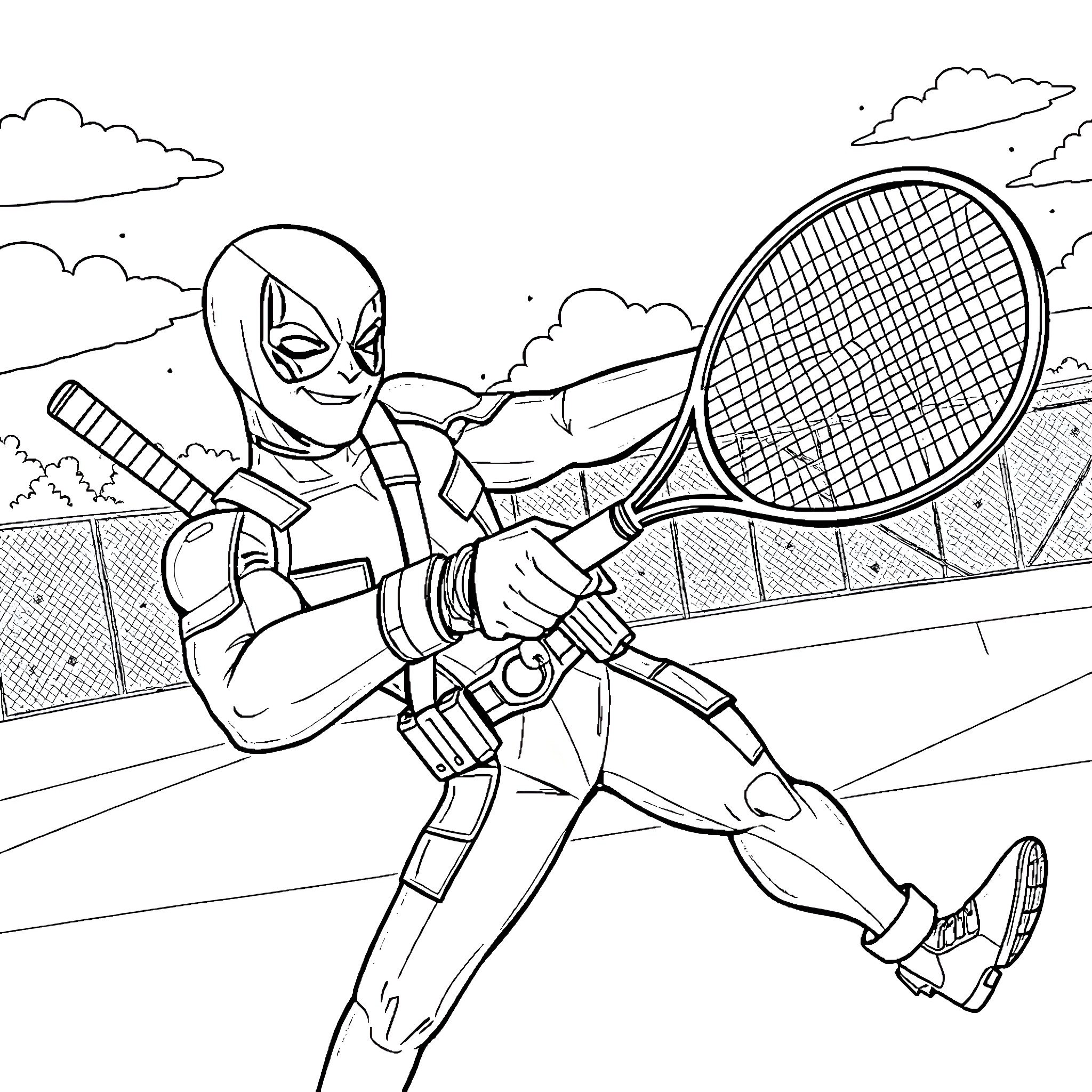 Deadpool playing tennis on the court Coloring Page (free black-and-white line drawing printable PDF for all, from beginners to advanced learners, including children, teens, adults, and seniors)