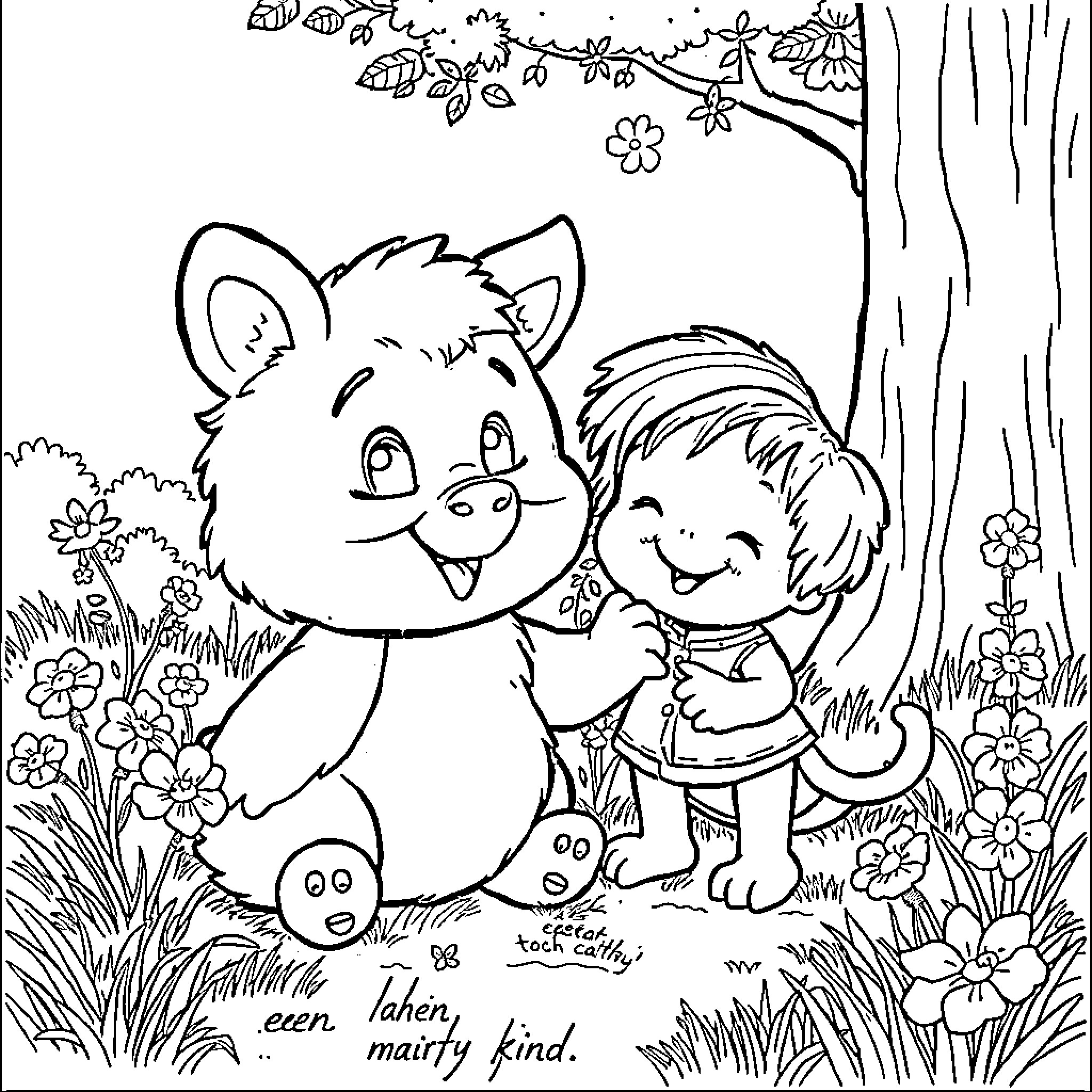 Soldier in Tranquil Outdoor Scene with Friendly Creature Coloring Page (free black-and-white line drawing printable PDF for all, from beginners to advanced learners, including children, teens, adults, and seniors)