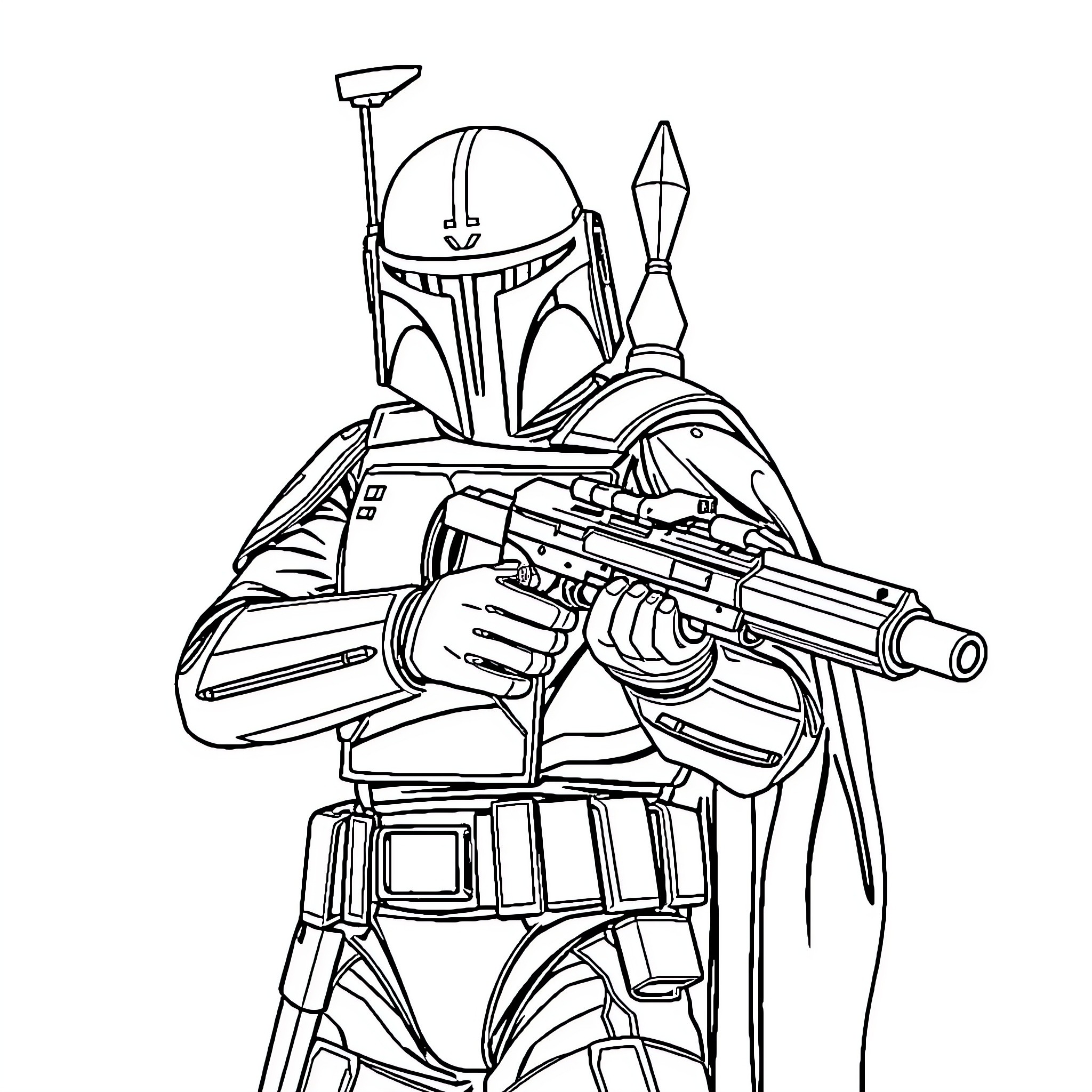 Boba Fett standing ready with blaster and gear Coloring Page (free black-and-white line drawing printable PDF for all, from beginners to advanced learners, including children, teens, adults, and seniors)