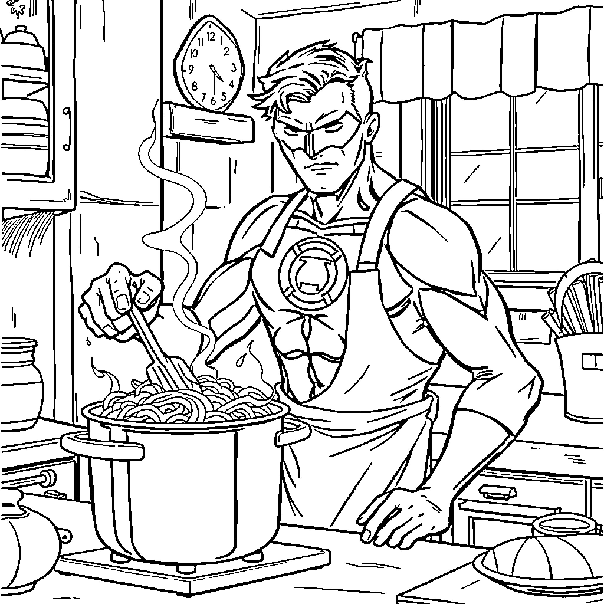Green Lantern Cooks a Hearty Meal in the Kitchen Coloring Page (free black-and-white line drawing printable PDF for all, from beginners to advanced learners, including children, teens, adults, and seniors)