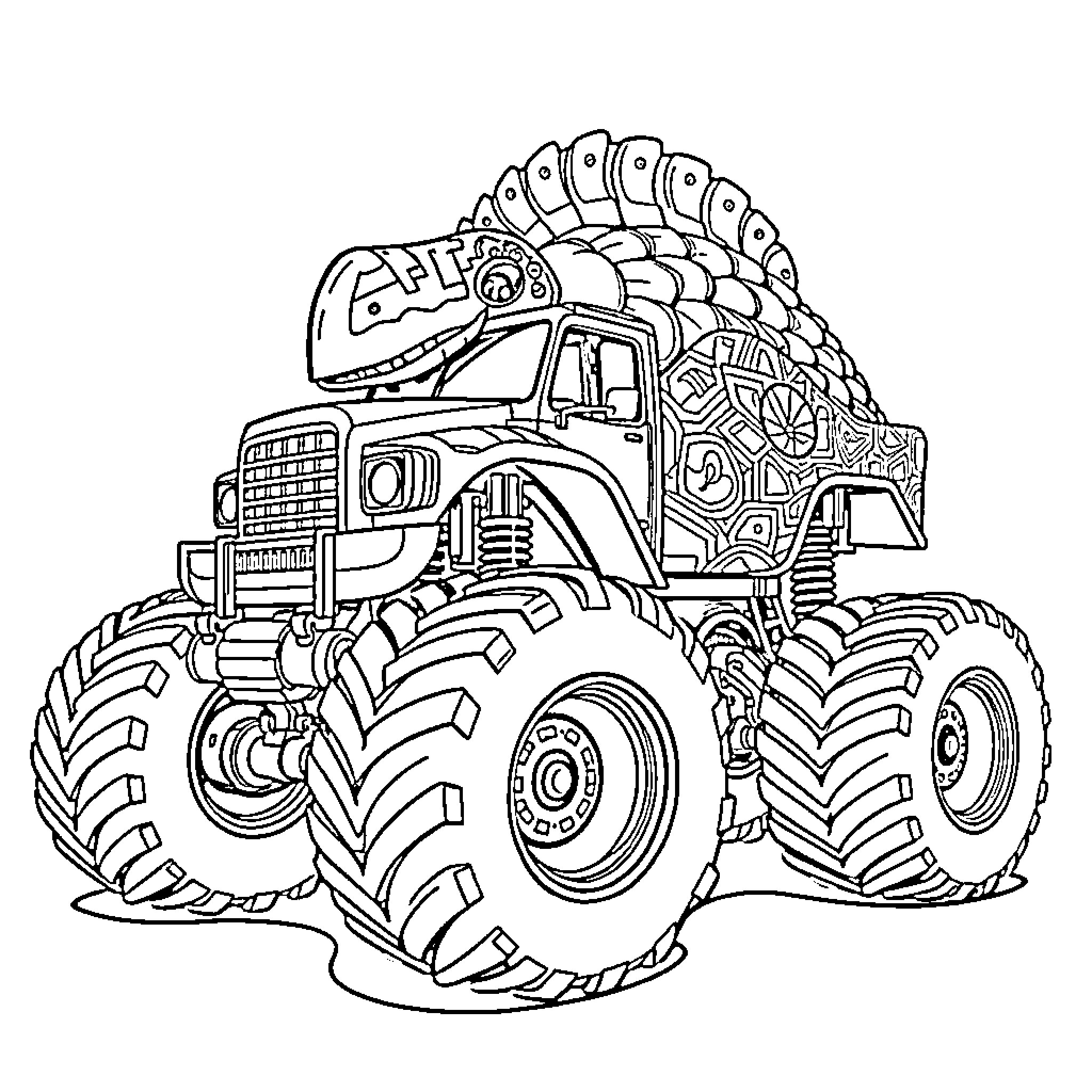 Pangolin Monster Truck Crushing Through Obstacles Coloring Page (free black-and-white line drawing printable PDF for all, from beginners to advanced learners, including children, teens, adults, and seniors)