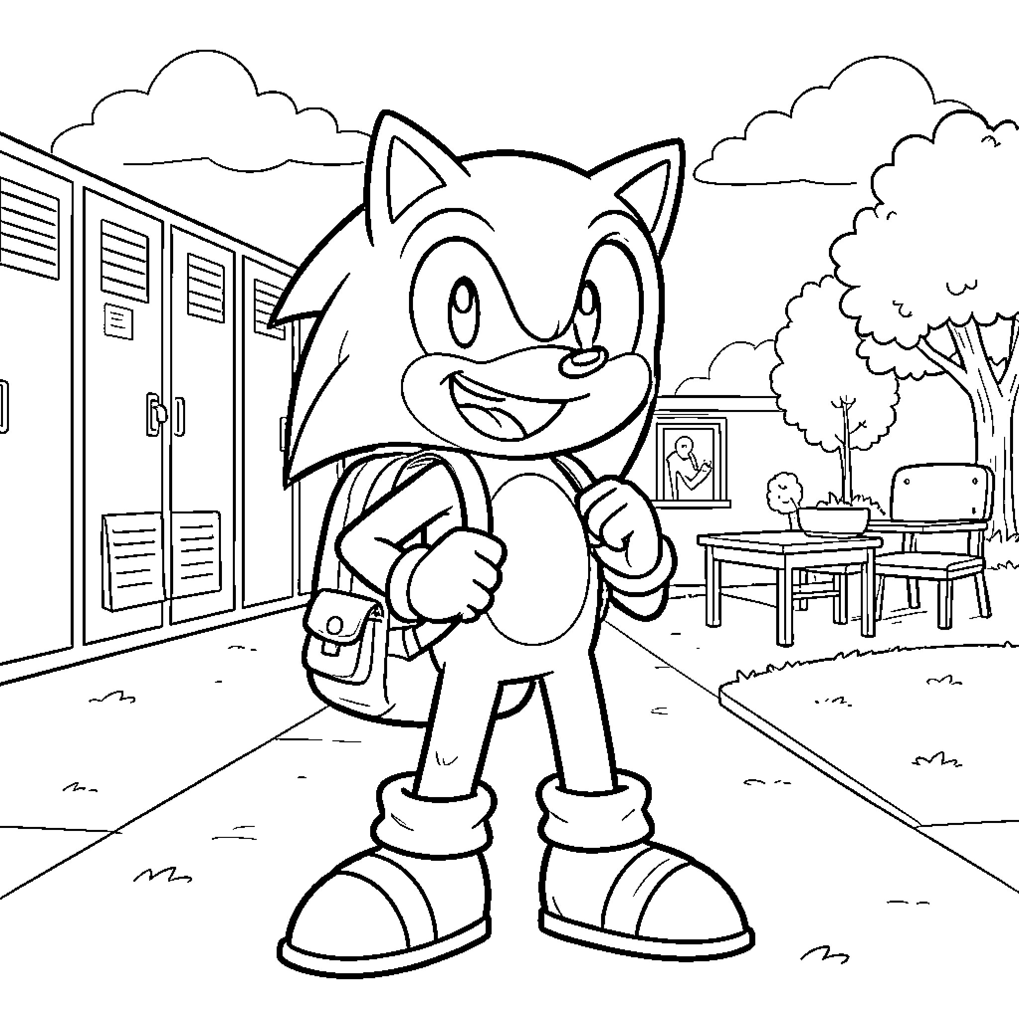 Sonic wearing a backpack walking through a school hallway Coloring Page (free black-and-white line drawing printable PDF for all, from beginners to advanced learners, including children, teens, adults, and seniors)