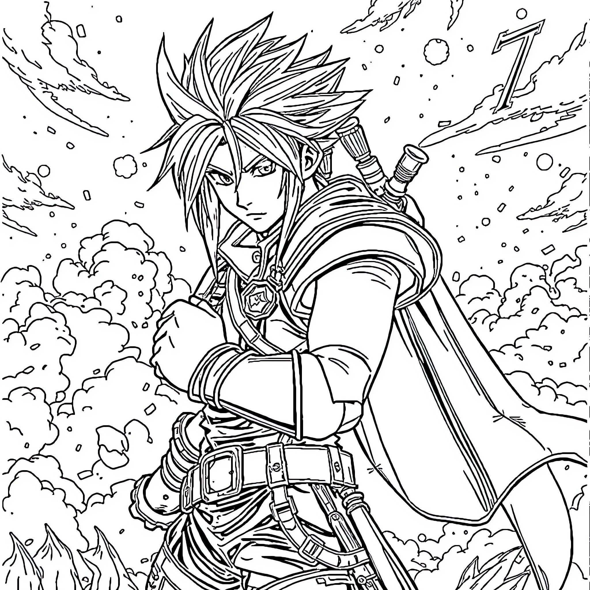 Final Fantasy Warrior in Epic Battle Stance Coloring Page (free black-and-white line drawing printable PDF for all, from beginners to advanced learners, including children, teens, adults, and seniors)
