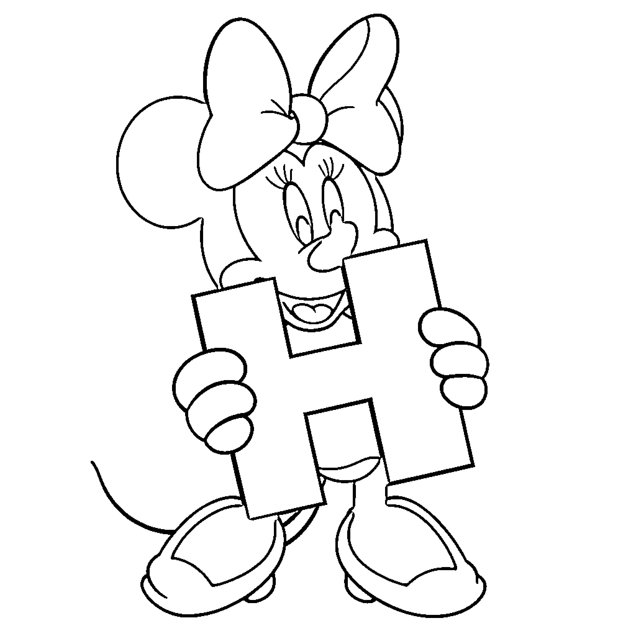 Minnie Mouse holding colorful shapes Coloring Page (free black-and-white line drawing printable PDF for all, from beginners to advanced learners, including children, teens, adults, and seniors)