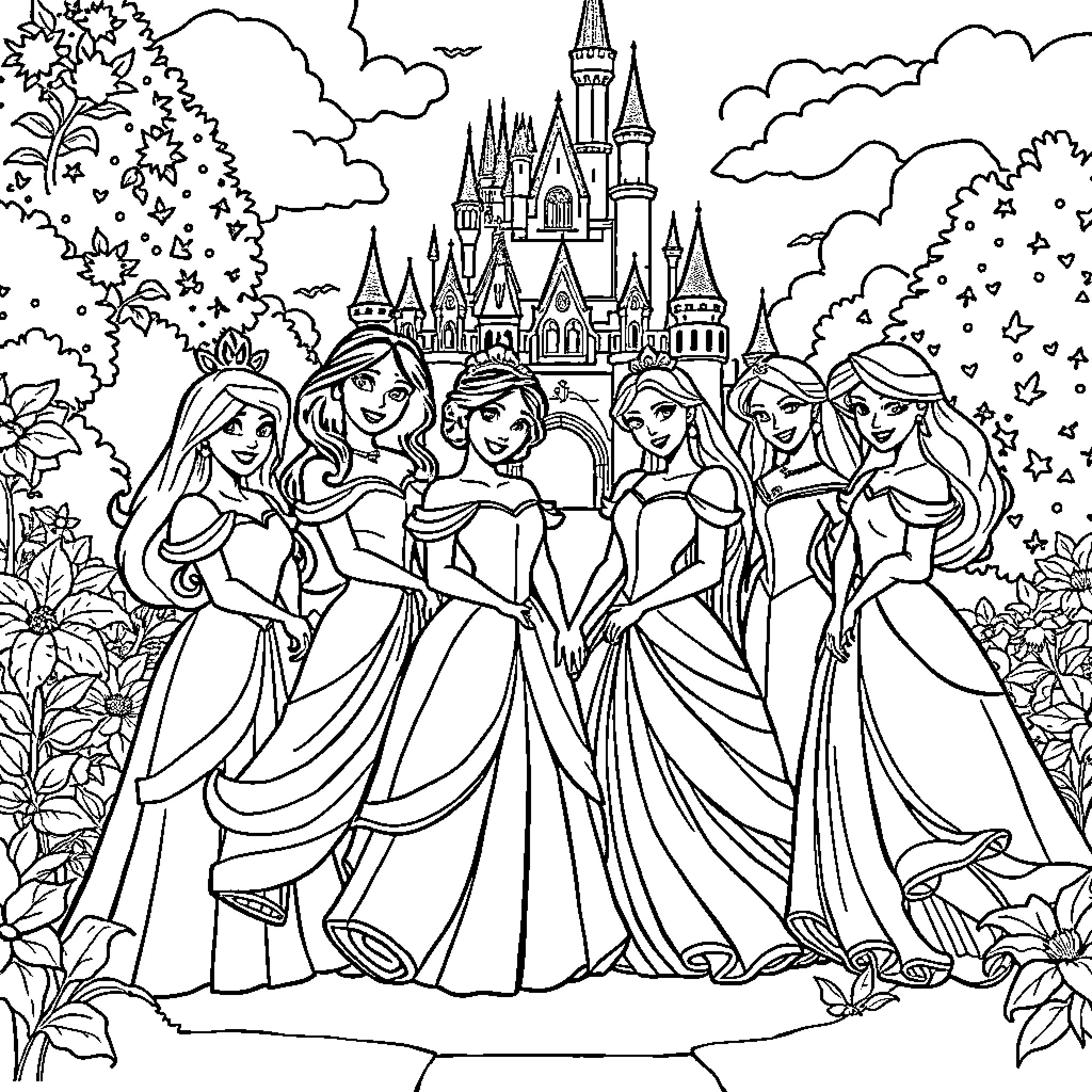 Princess Gathering at the Enchanted Castle Coloring Page (free black-and-white line drawing printable PDF for all, from beginners to advanced learners, including children, teens, adults, and seniors)