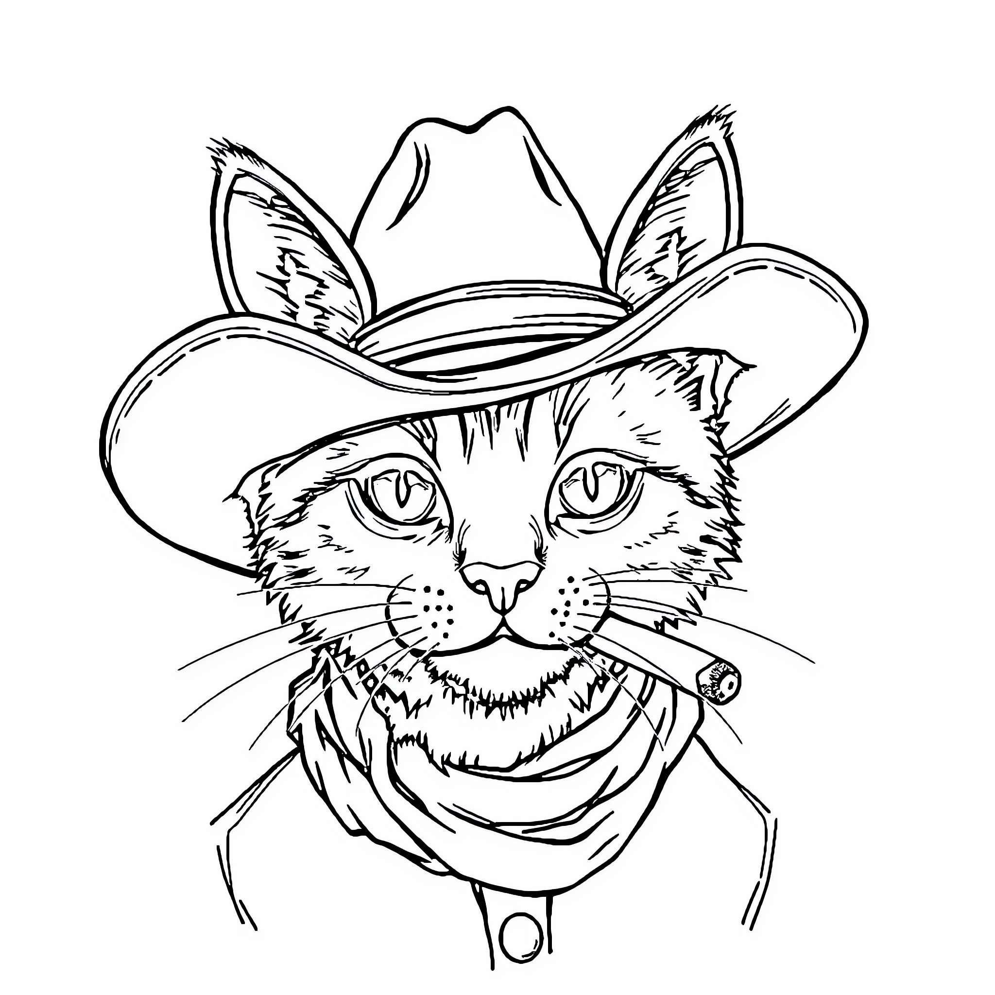 Cat in Cowboy Hat Coloring Page (free black-and-white line drawing printable PDF for all, from beginners to advanced learners, including children, teens, adults, and seniors)