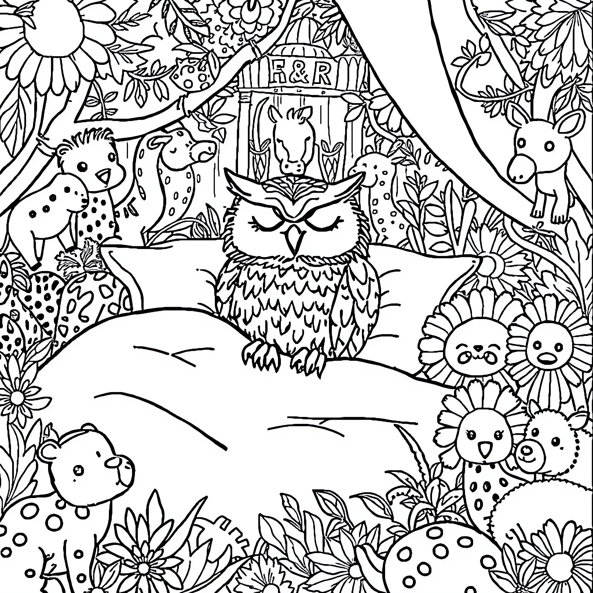 Owl surrounded by whimsical forest creatures Coloring Page (free black-and-white line drawing printable PDF for all, from beginners to advanced learners, including children, teens, adults, and seniors)