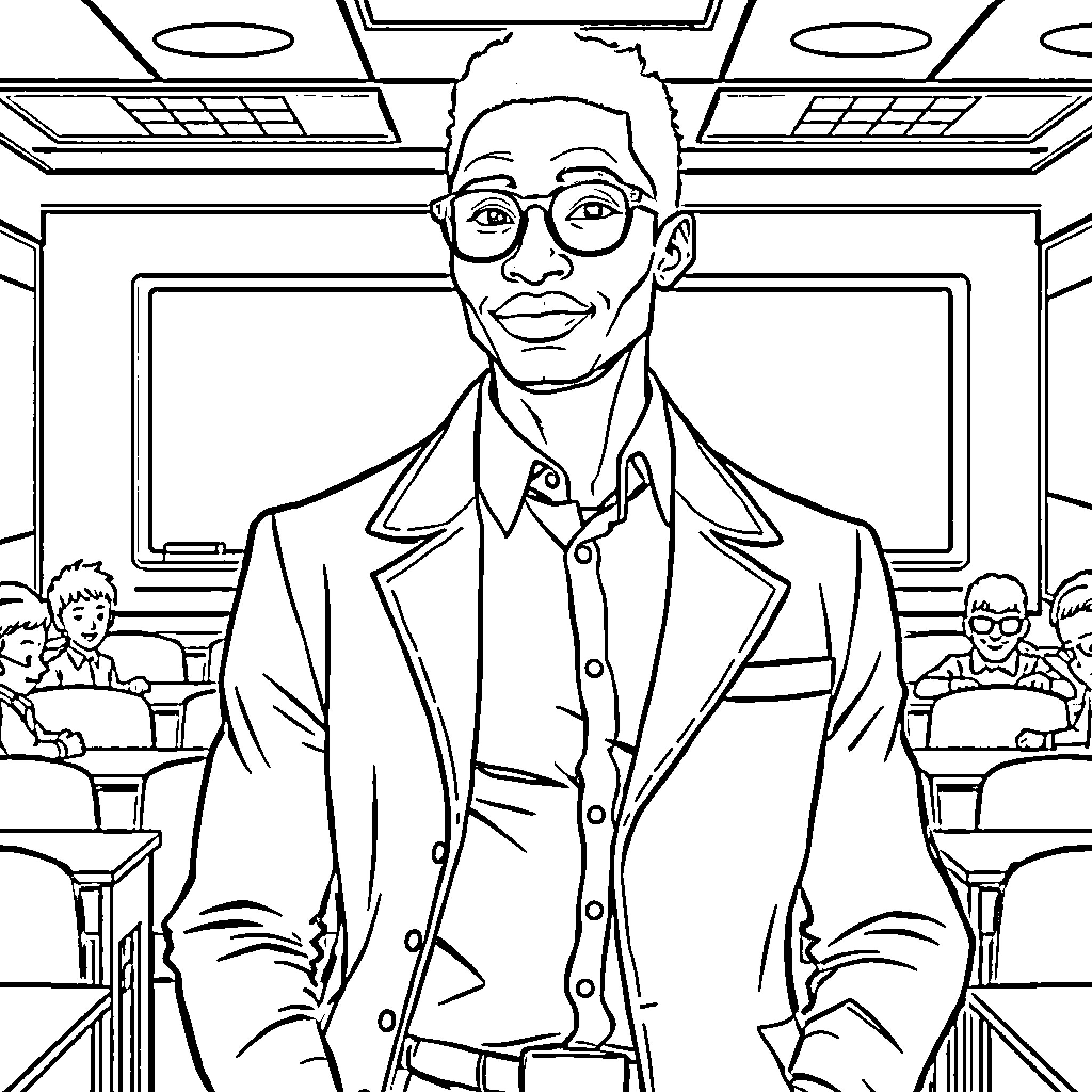 Teacher standing confidently in the classroom Coloring Page (free black-and-white line drawing printable PDF for all, from beginners to advanced learners, including children, teens, adults, and seniors)