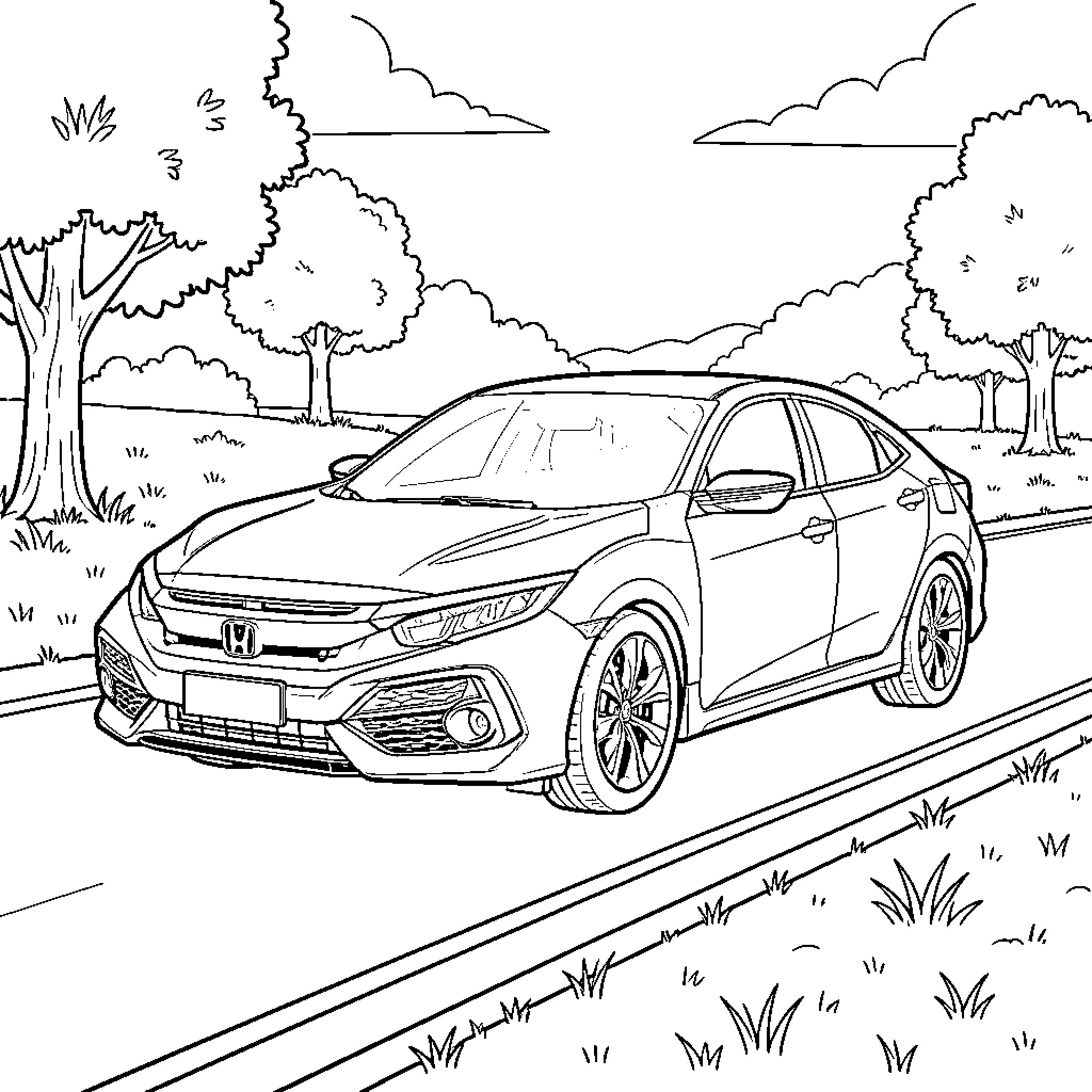 Honda Civic Touring on scenic road Coloring Page (free black-and-white line drawing printable PDF for all, from beginners to advanced learners, including children, teens, adults, and seniors)