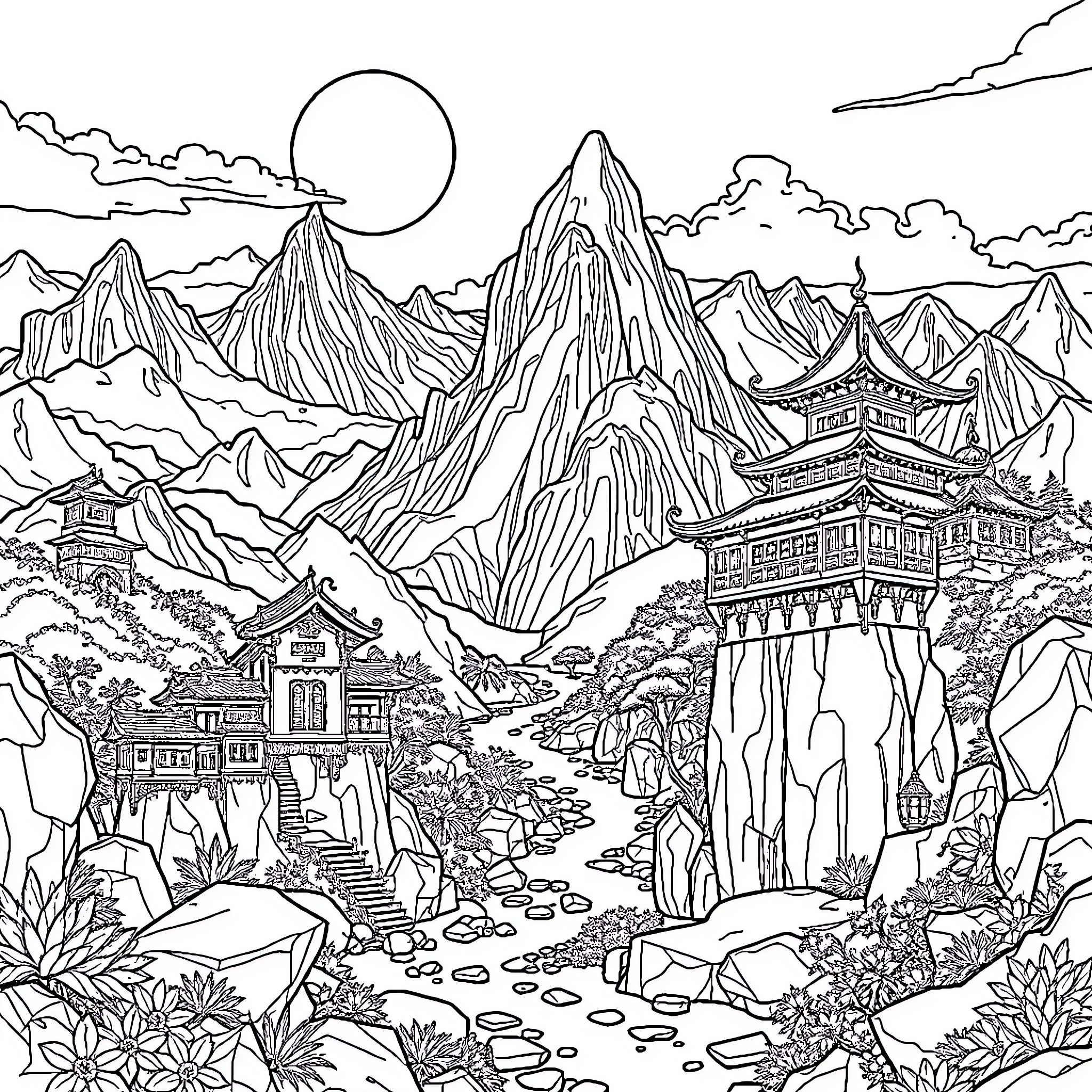 Shangri La Frontier: Tranquil Mountain Village Landscape Coloring Page (free black-and-white line drawing printable PDF for all, from beginners to advanced learners, including children, teens, adults, and seniors)