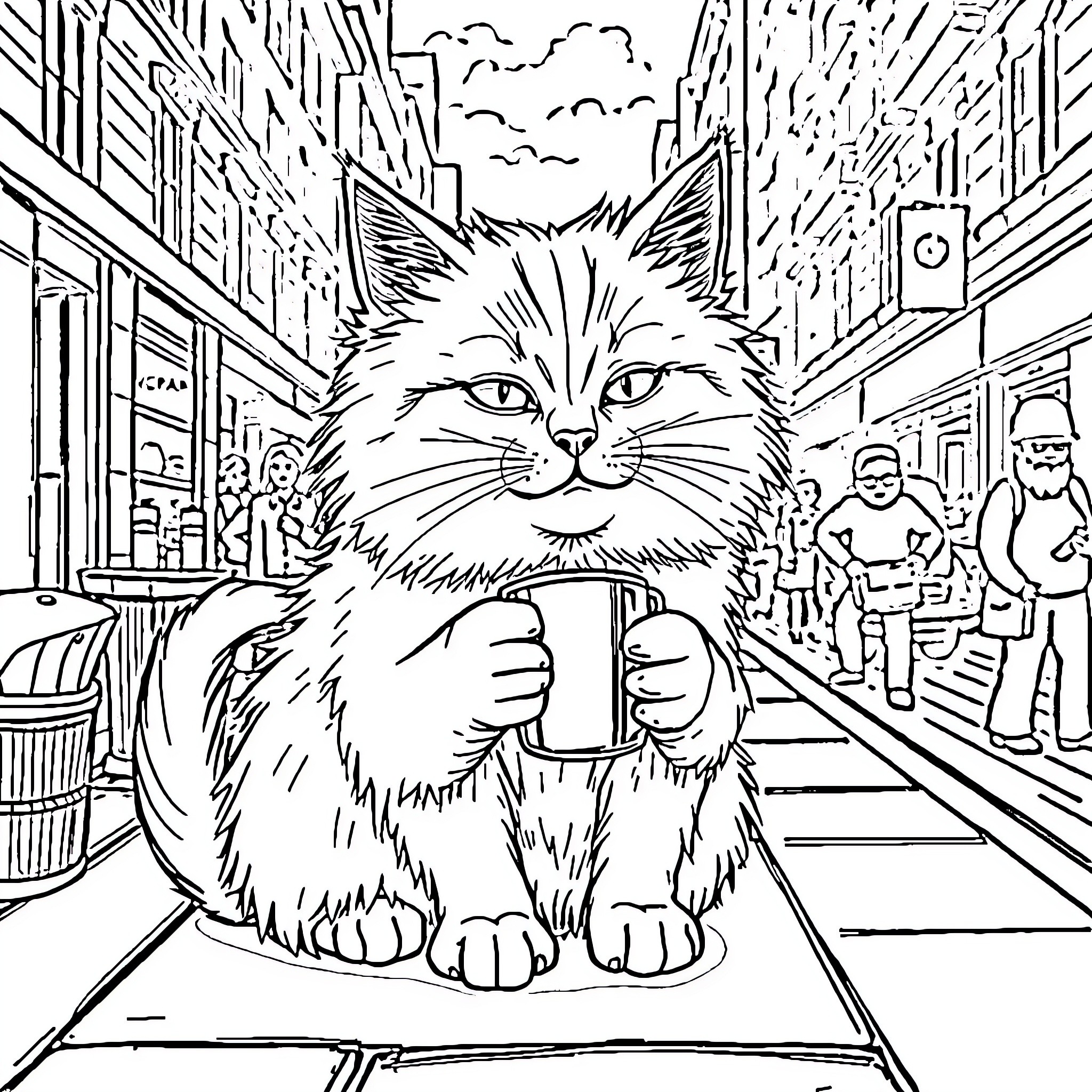 Cat Enjoying a Drink in the City Coloring Page (free black-and-white line drawing printable PDF for all, from beginners to advanced learners, including children, teens, adults, and seniors)