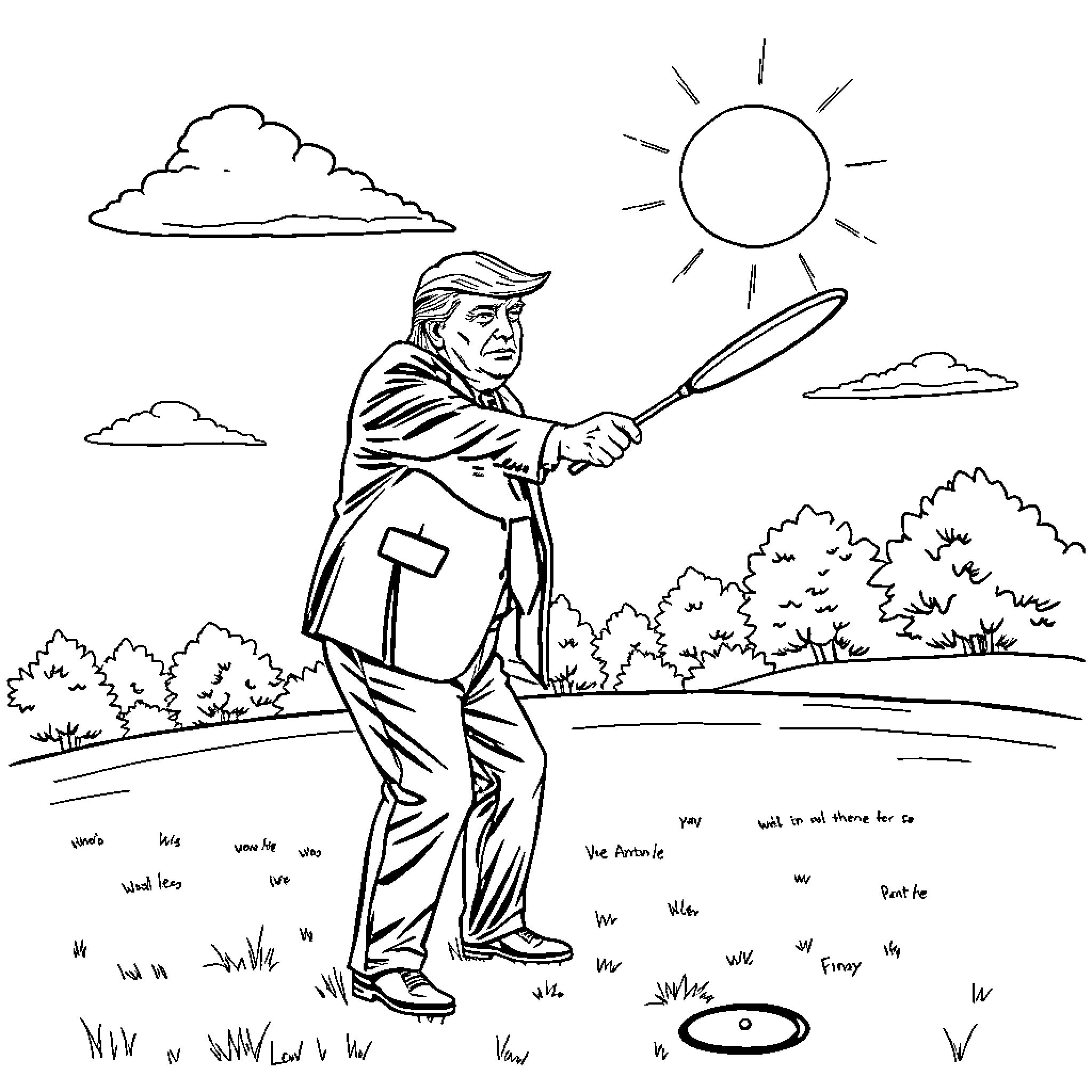 Trump playing golf in the park on a sunny day Coloring Page (free black-and-white line drawing printable PDF for all, from beginners to advanced learners, including children, teens, adults, and seniors)