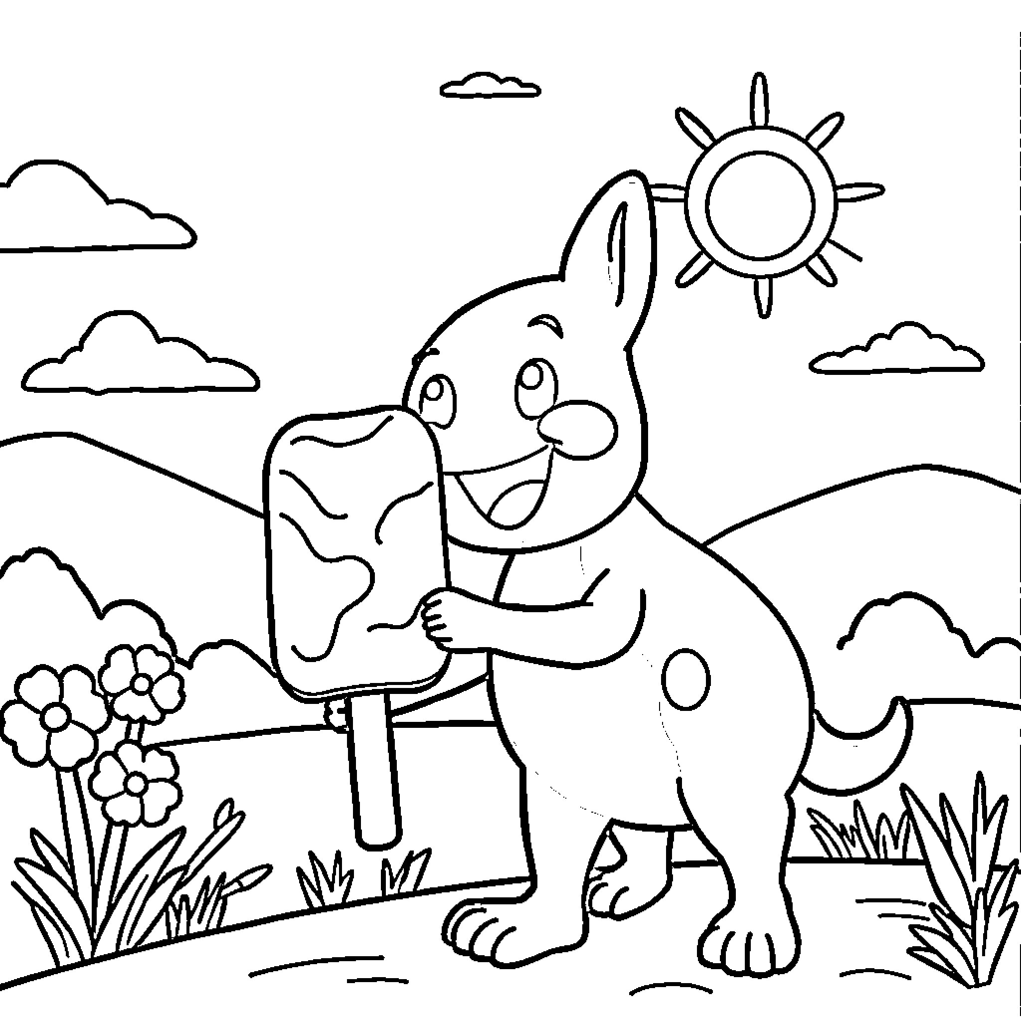 Bluey enjoying a sunny day outdoors Coloring Page (free black-and-white line drawing printable PDF for all, from beginners to advanced learners, including children, teens, adults, and seniors)