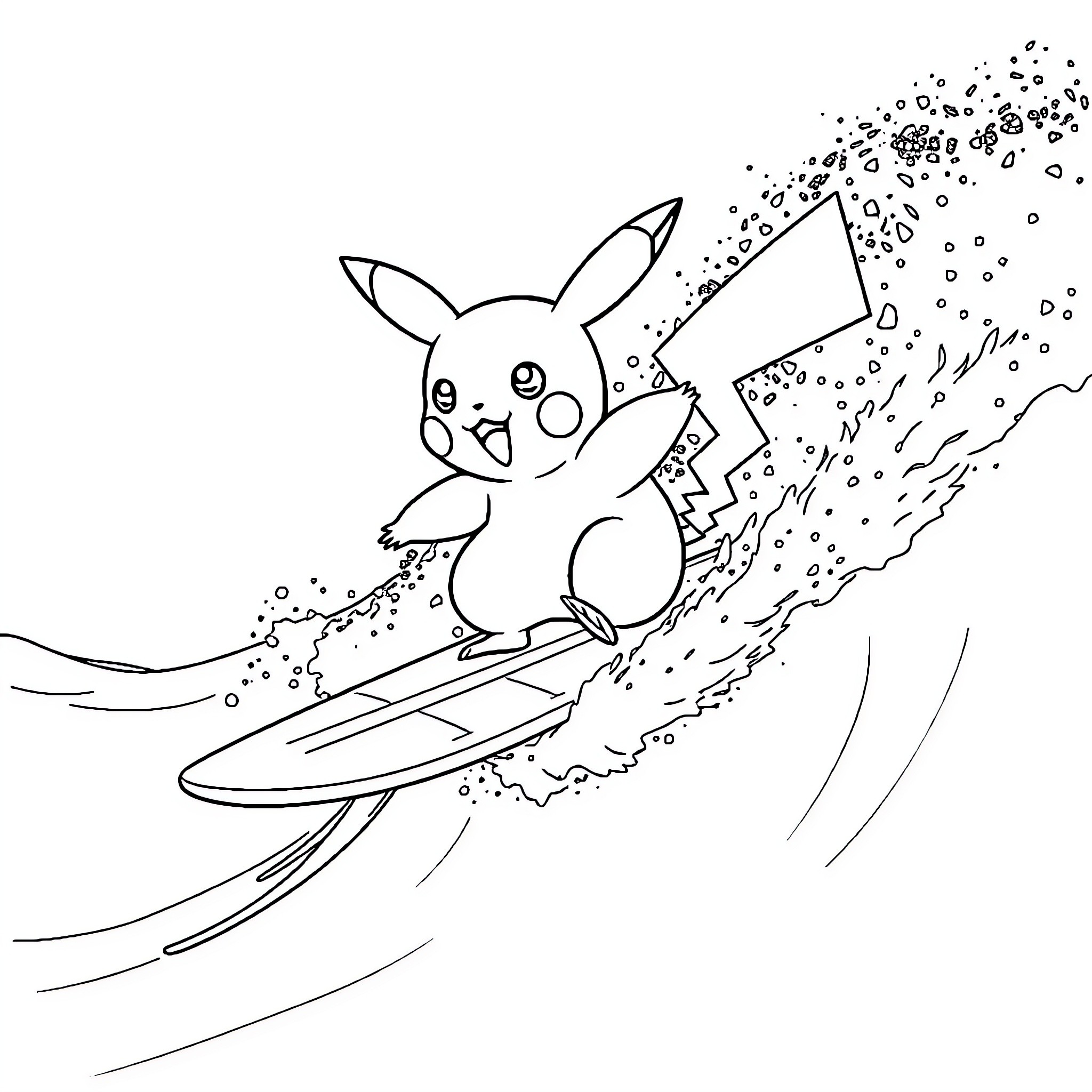 Pikachu surfing through electric waves Coloring Page (free black-and-white line drawing printable PDF for all, from beginners to advanced learners, including children, teens, adults, and seniors)