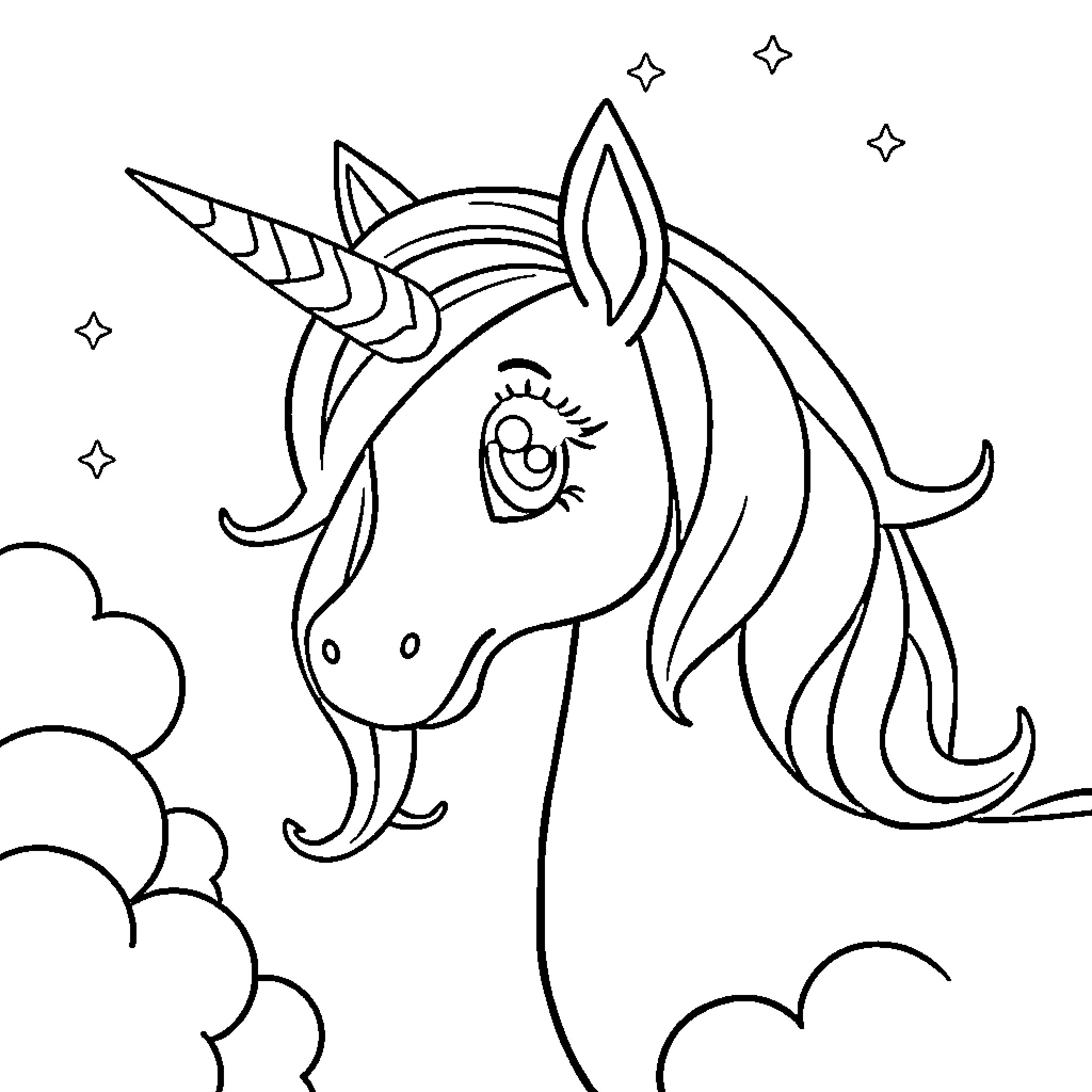 Unicorn with magical horn in whimsical scene Coloring Page (free black-and-white line drawing printable PDF for all, from beginners to advanced learners, including children, teens, adults, and seniors)