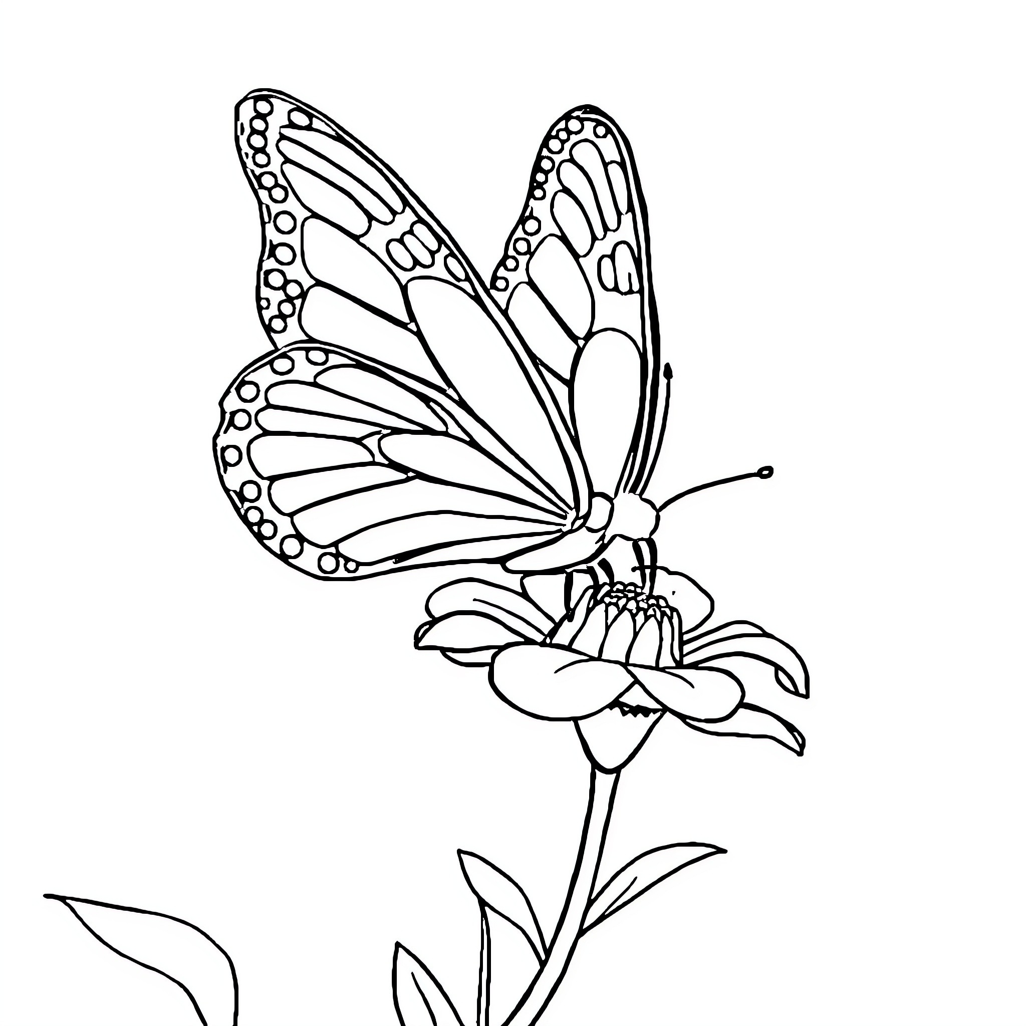 Butterfly resting on a flower Coloring Page (free black-and-white line drawing printable PDF for all, from beginners to advanced learners, including children, teens, adults, and seniors)