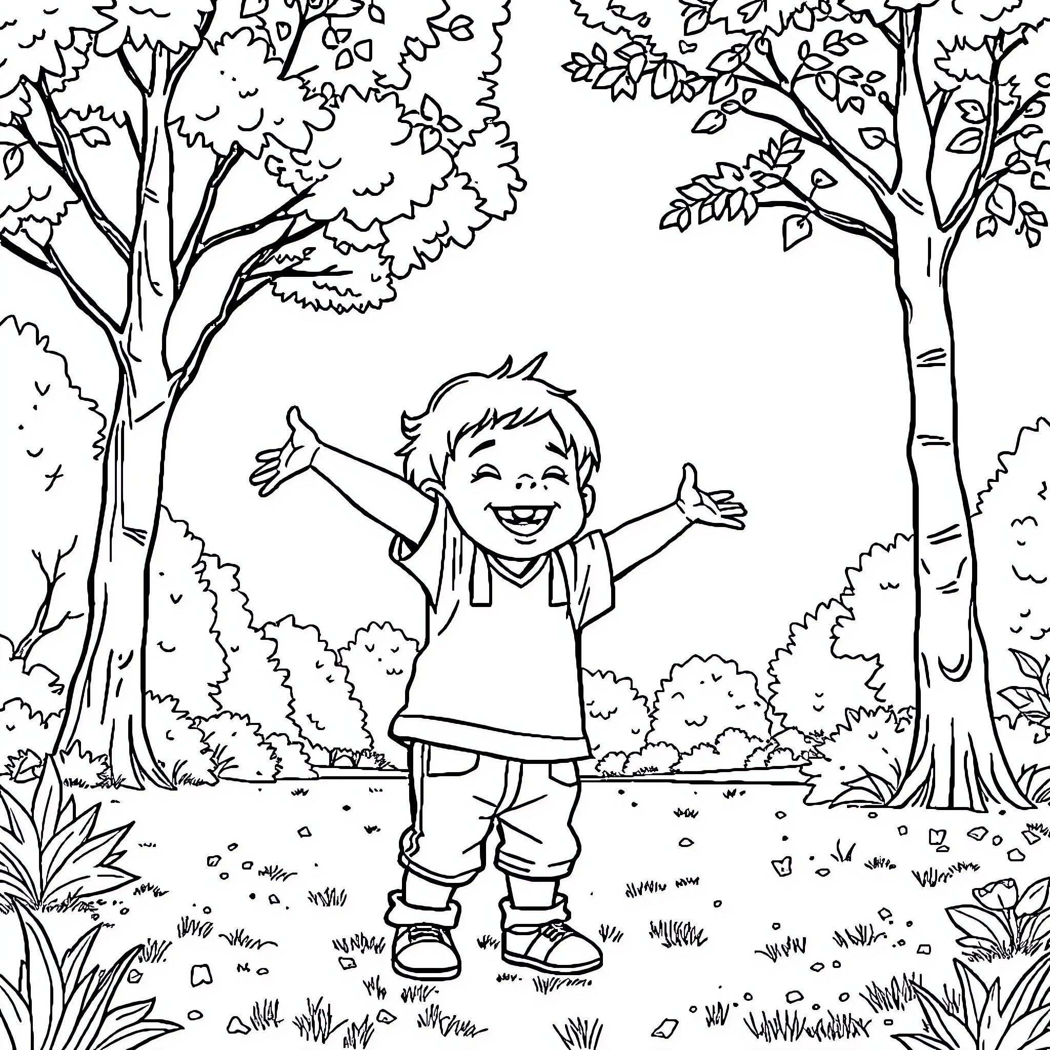 Child joyfully exploring the forest landscape Coloring Page (free black-and-white line drawing printable PDF for all, from beginners to advanced learners, including children, teens, adults, and seniors)
