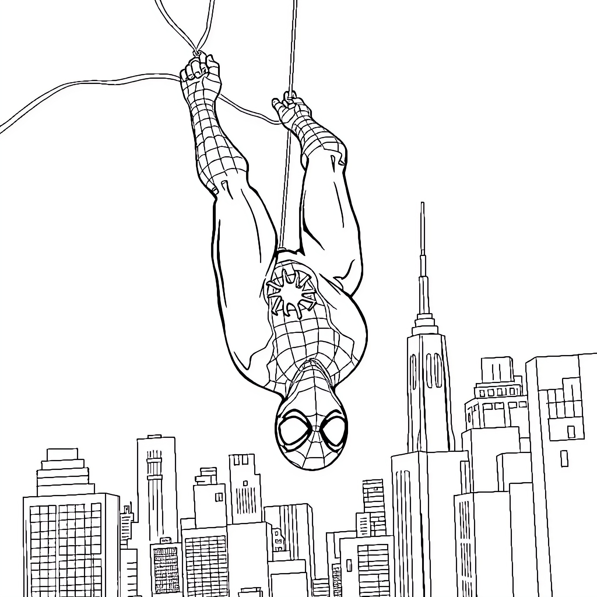Spider-Man swinging through the city skyline Coloring Page (free black-and-white line drawing printable PDF for all, from beginners to advanced learners, including children, teens, adults, and seniors)