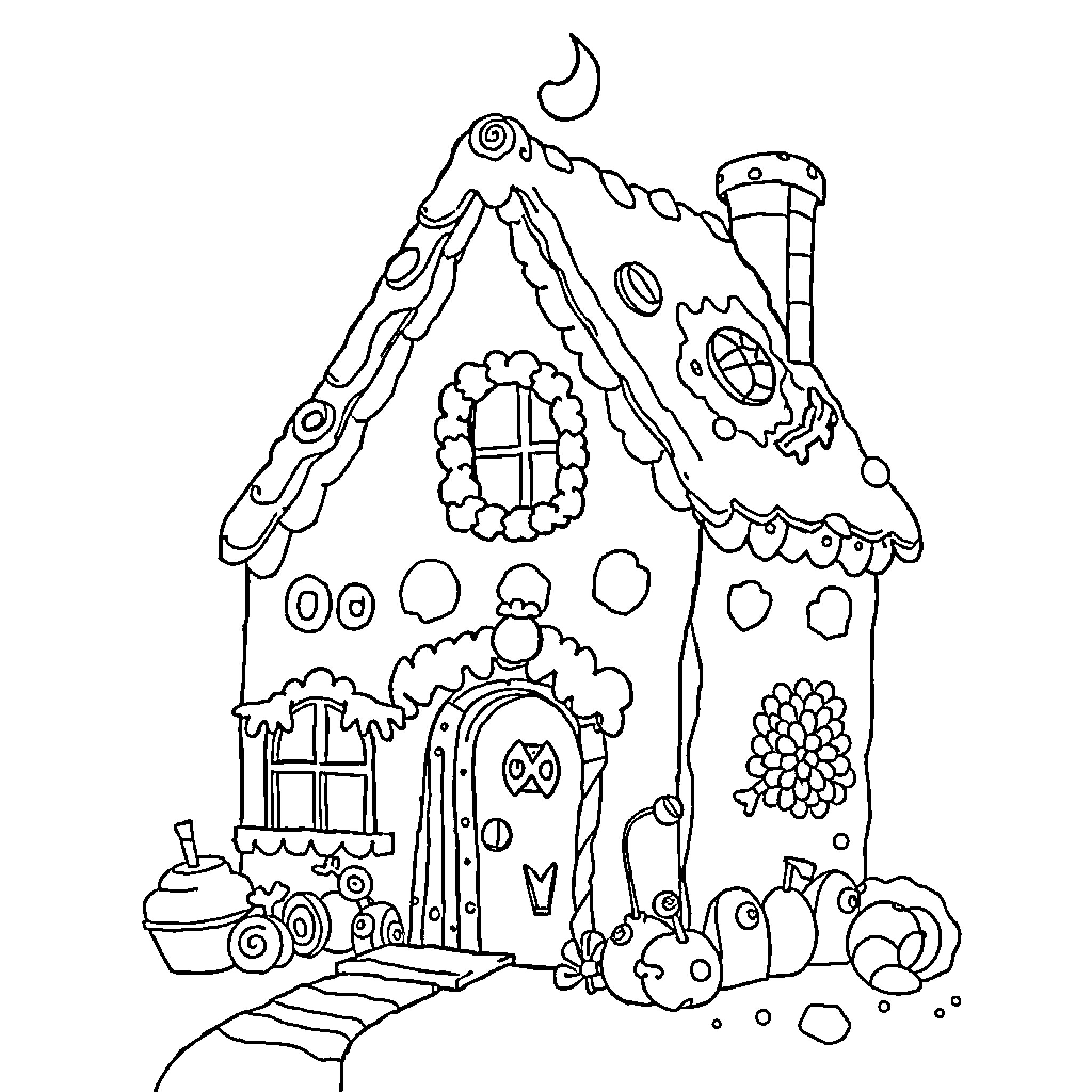 Cake House with Whimsical Decorations and Characters Coloring Page (free black-and-white line drawing printable PDF for all, from beginners to advanced learners, including children, teens, adults, and seniors)