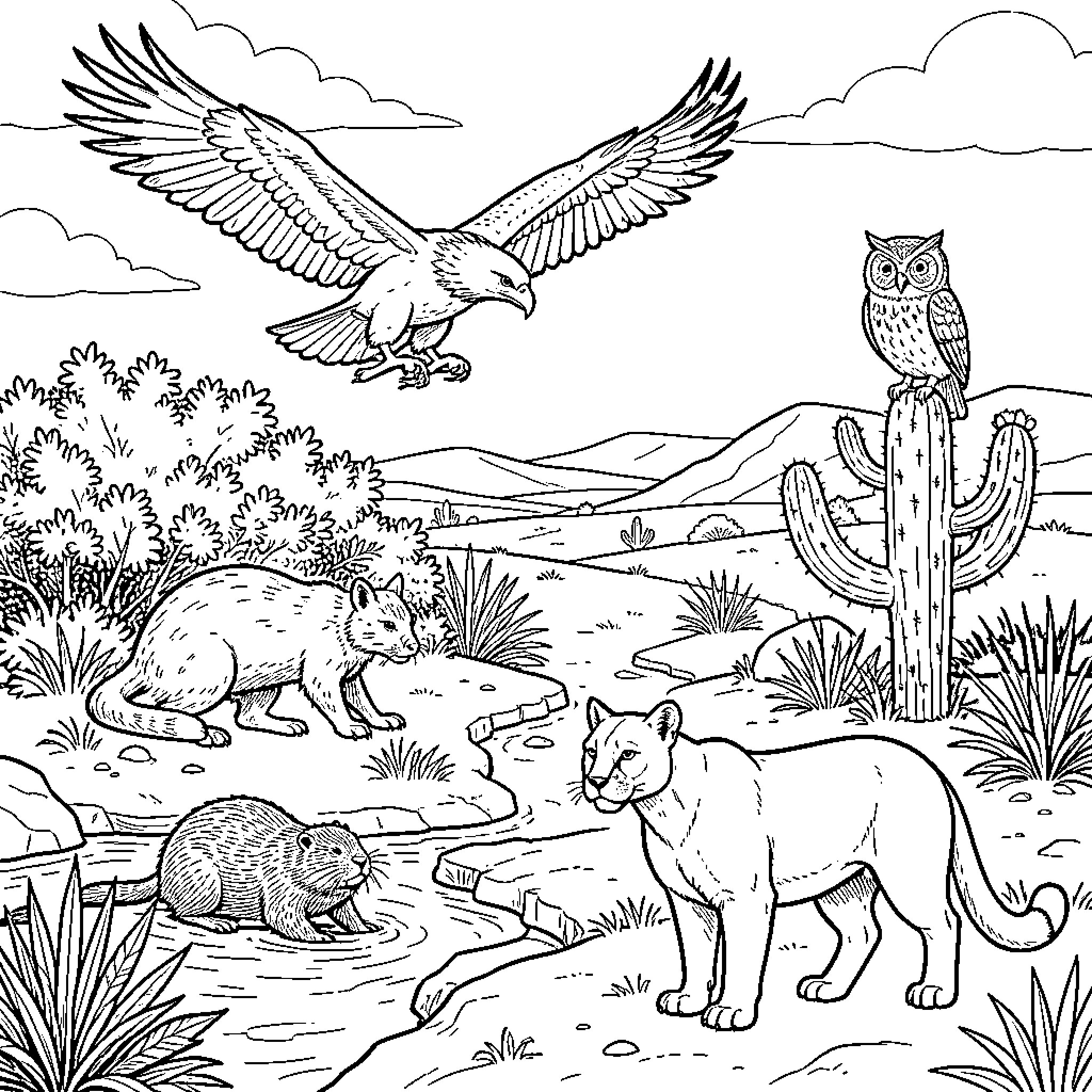Eagle soaring over desert landscape with wildlife Coloring Page (free black-and-white line drawing printable PDF for all, from beginners to advanced learners, including children, teens, adults, and seniors)