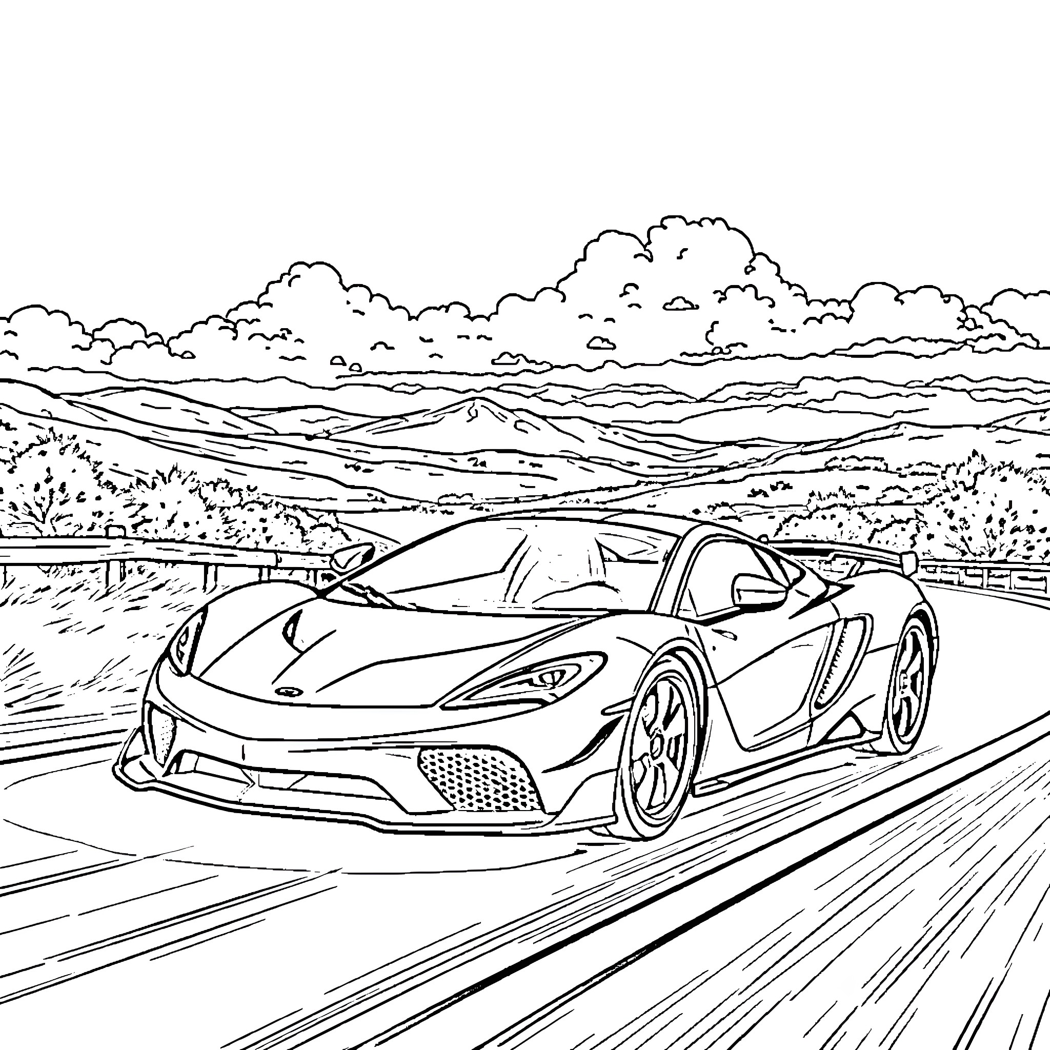 McLaren F1 speeding through scenic countryside Coloring Page (free black-and-white line drawing printable PDF for all, from beginners to advanced learners, including children, teens, adults, and seniors)