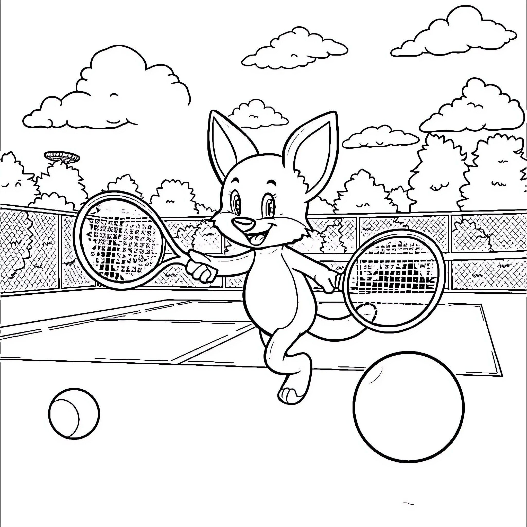 Bluey playing tennis in a happy outdoor scene Coloring Page (free black-and-white line drawing printable PDF for all, from beginners to advanced learners, including children, teens, adults, and seniors)