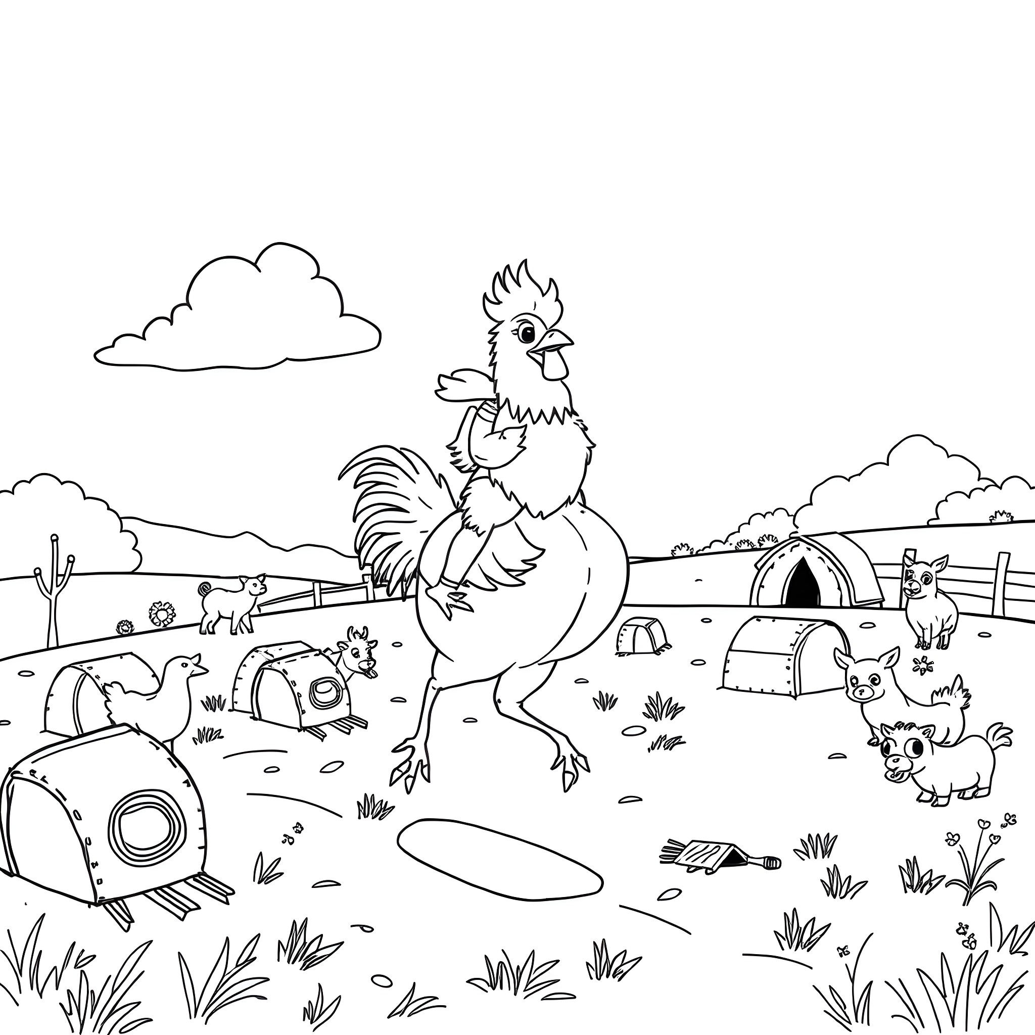 Chicken in a lively farmyard with pets and toys Coloring Page (free black-and-white line drawing printable PDF for all, from beginners to advanced learners, including children, teens, adults, and seniors)