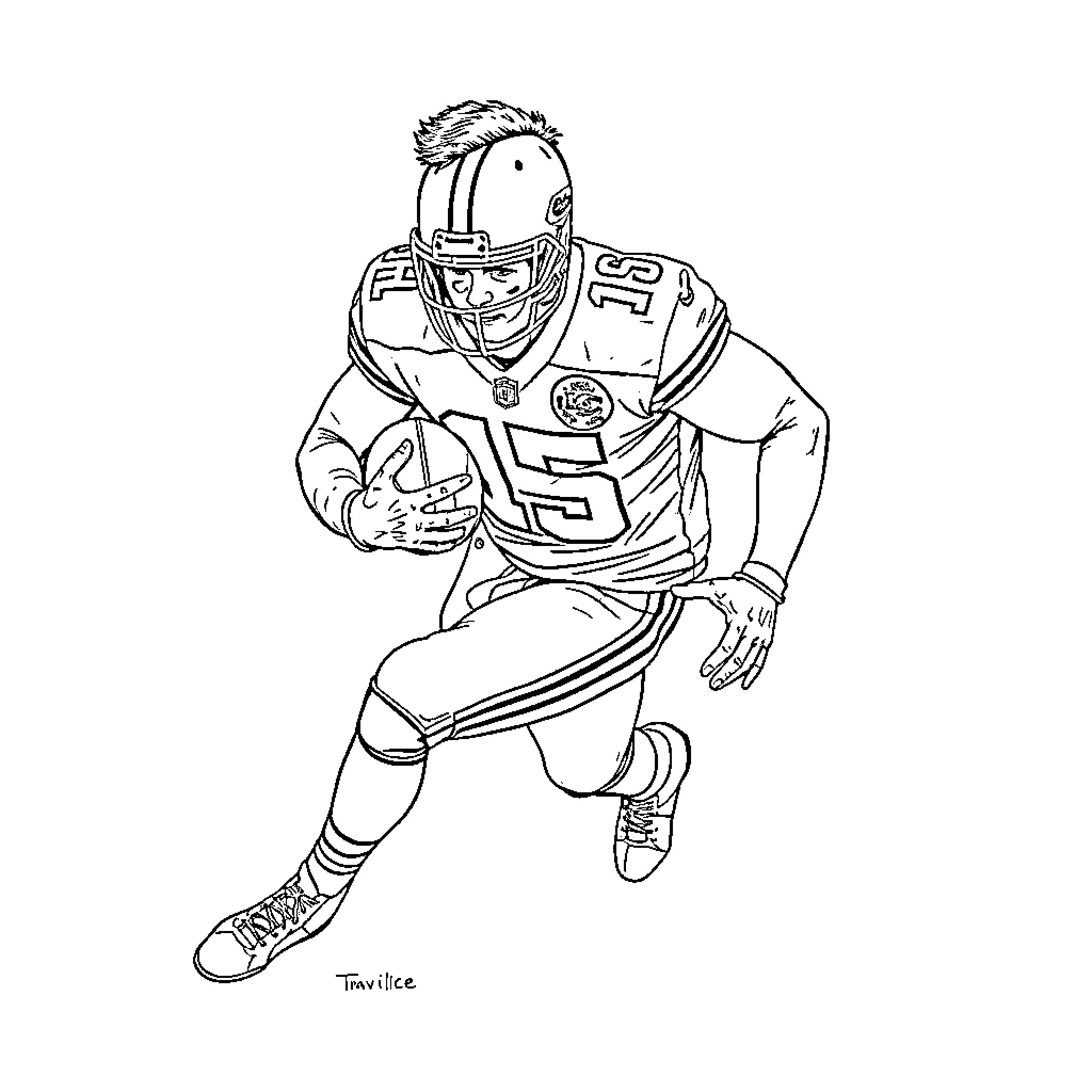Travis Kelce running with football in uniform Coloring Page (free black-and-white line drawing printable PDF for all, from beginners to advanced learners, including children, teens, adults, and seniors)