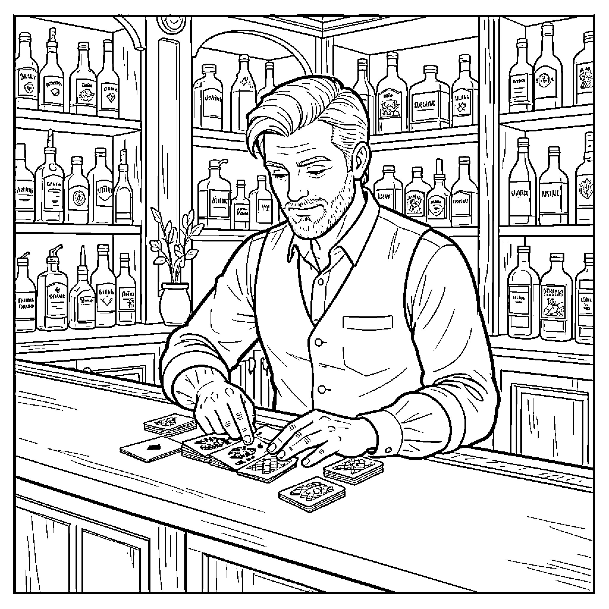 Barman performing magic tricks with cards at the counter Coloring Page (free black-and-white line drawing printable PDF for all, from beginners to advanced learners, including children, teens, adults, and seniors)