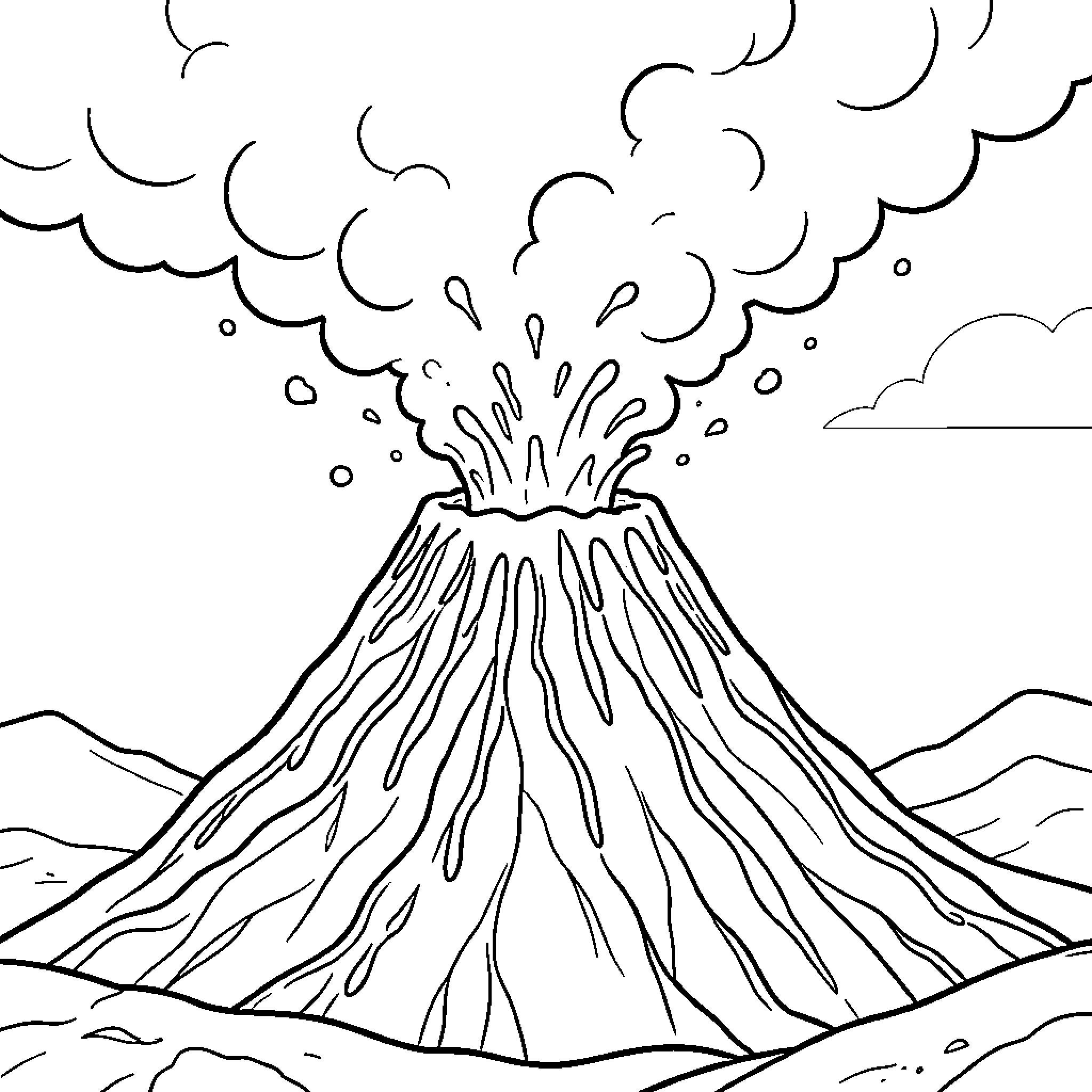 Volcano erupting with clouds of smoke Coloring Page (free black-and-white line drawing printable PDF for all, from beginners to advanced learners, including children, teens, adults, and seniors)