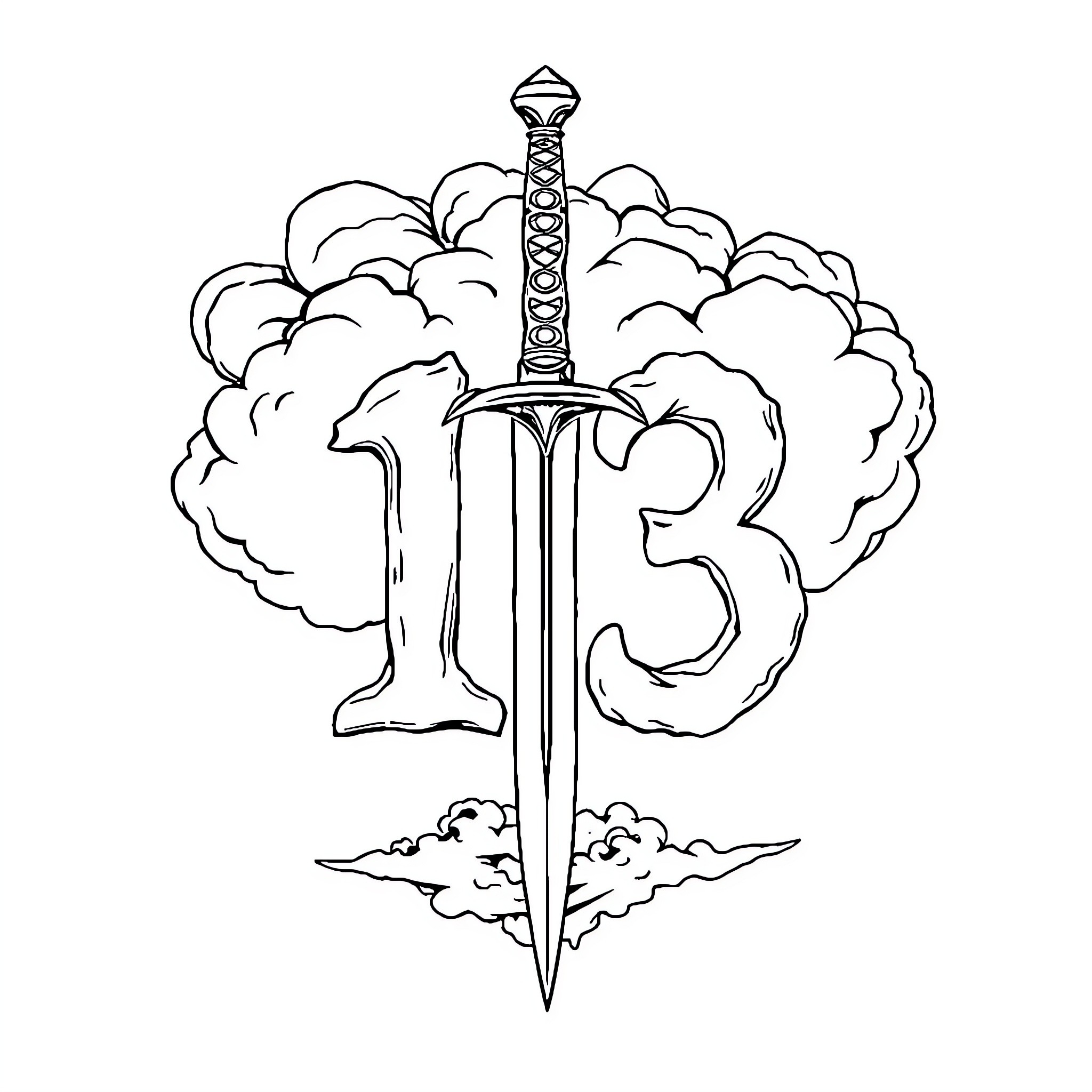 Dagger piercing through cloudy sky with numerals Coloring Page (free black-and-white line drawing printable PDF for all, from beginners to advanced learners, including children, teens, adults, and seniors)