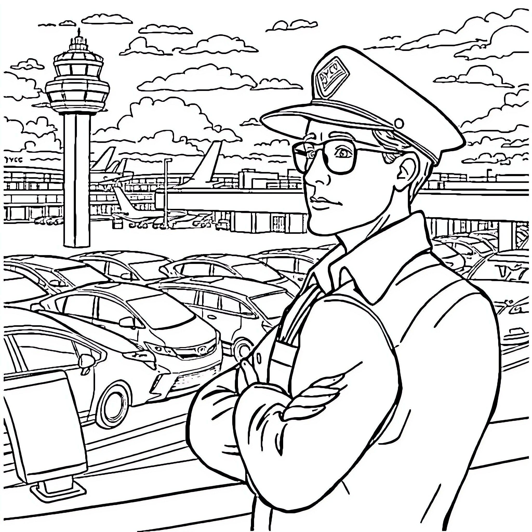 Airport Scene with Security Officer Coloring Page (free black-and-white line drawing printable PDF for all, from beginners to advanced learners, including children, teens, adults, and seniors)
