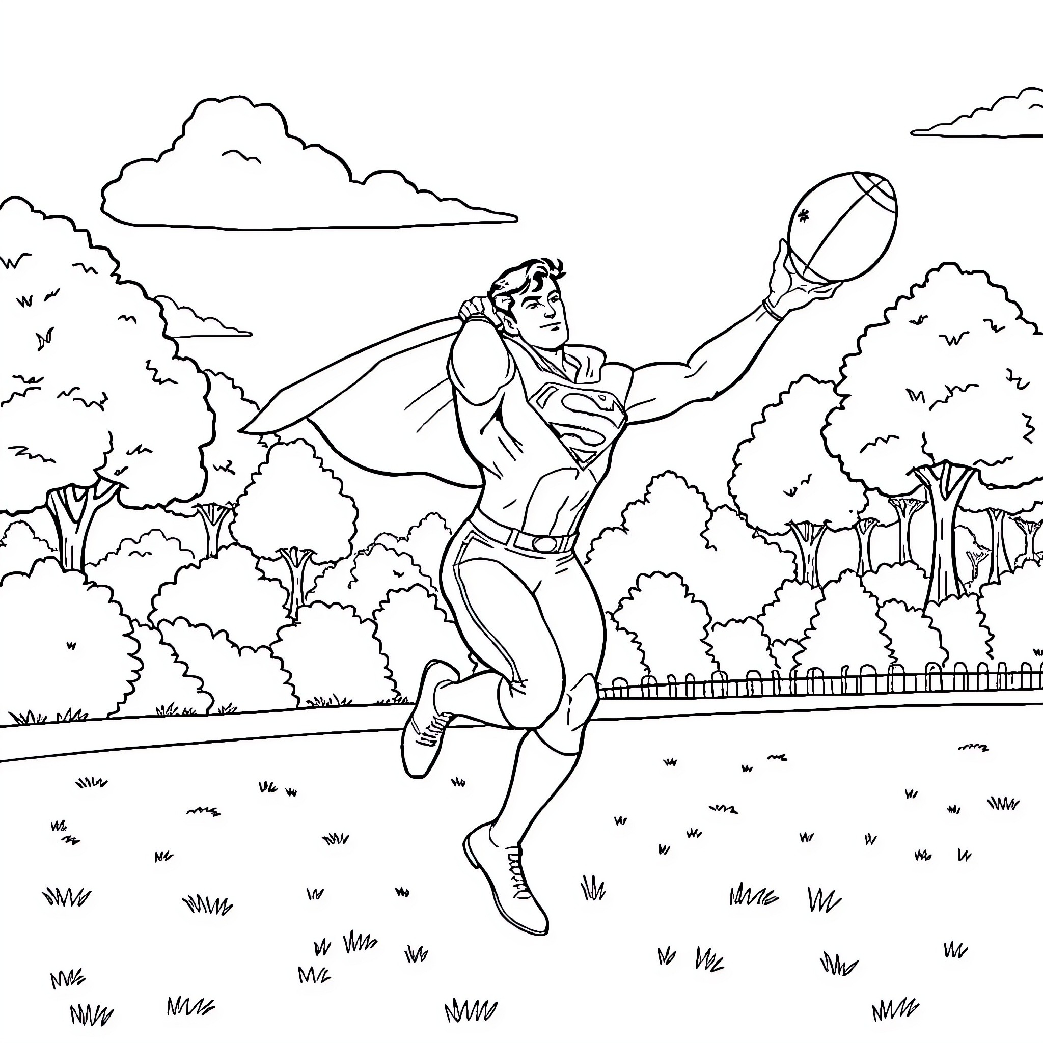 Superman heroically leaping into action Coloring Page (free black-and-white line drawing printable PDF for all, from beginners to advanced learners, including children, teens, adults, and seniors)