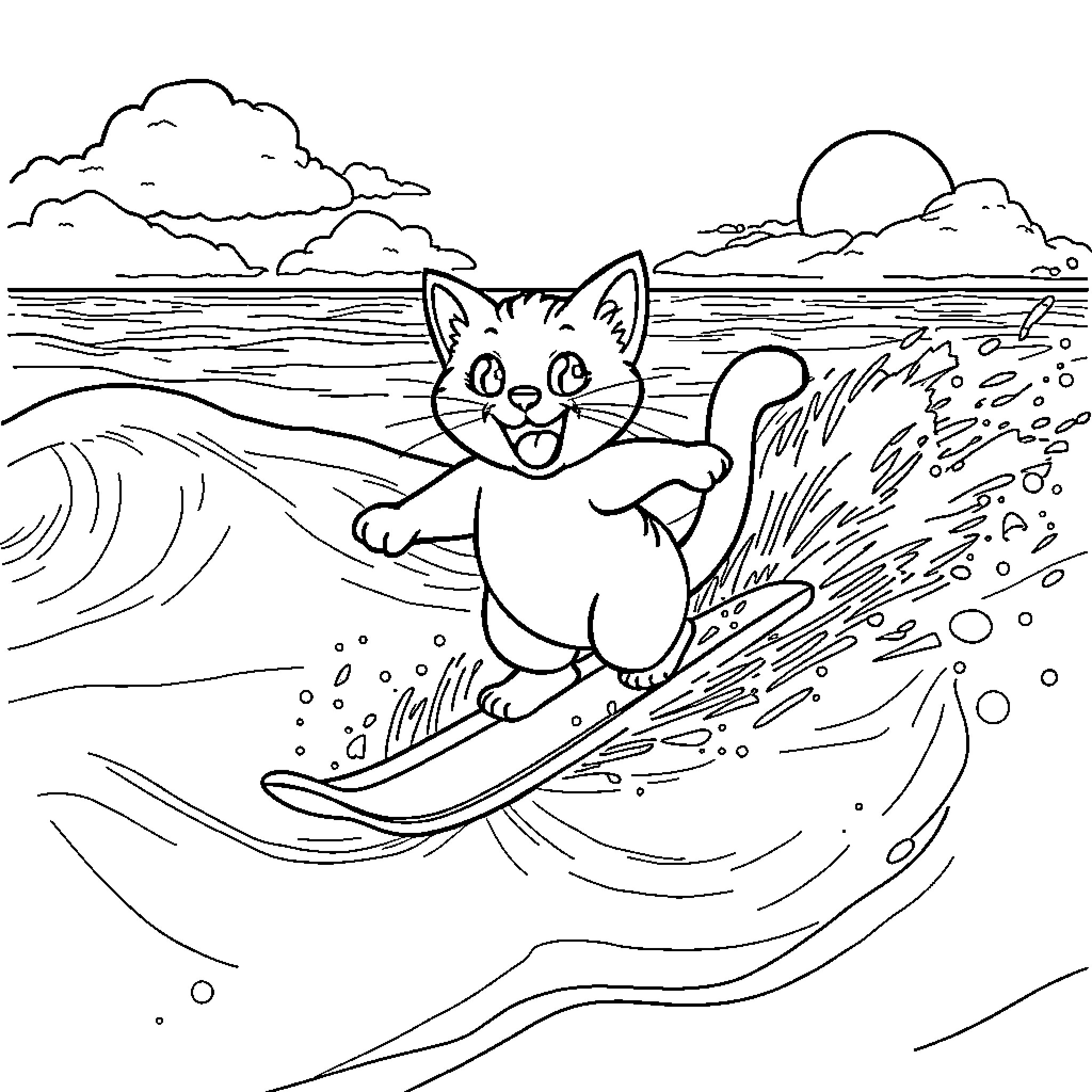 Cat surfing joyfully on ocean waves Coloring Page (free black-and-white line drawing printable PDF for all, from beginners to advanced learners, including children, teens, adults, and seniors)