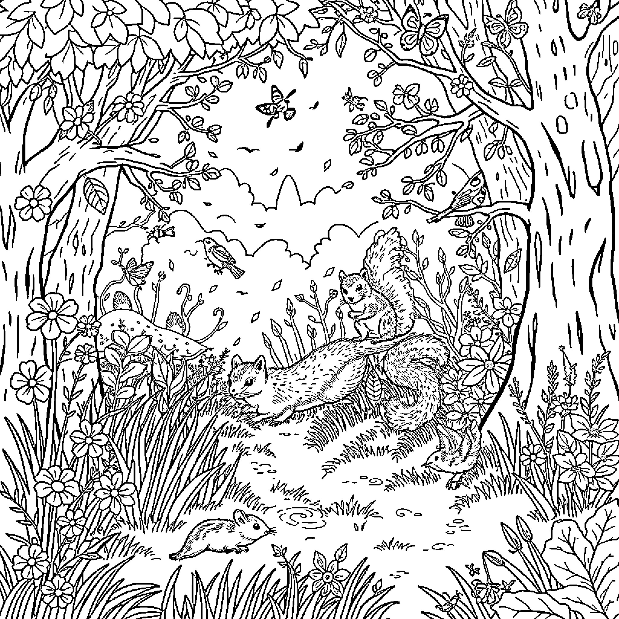 Woodland scene with animals and nature Coloring Page (free black-and-white line drawing printable PDF for all, from beginners to advanced learners, including children, teens, adults, and seniors)