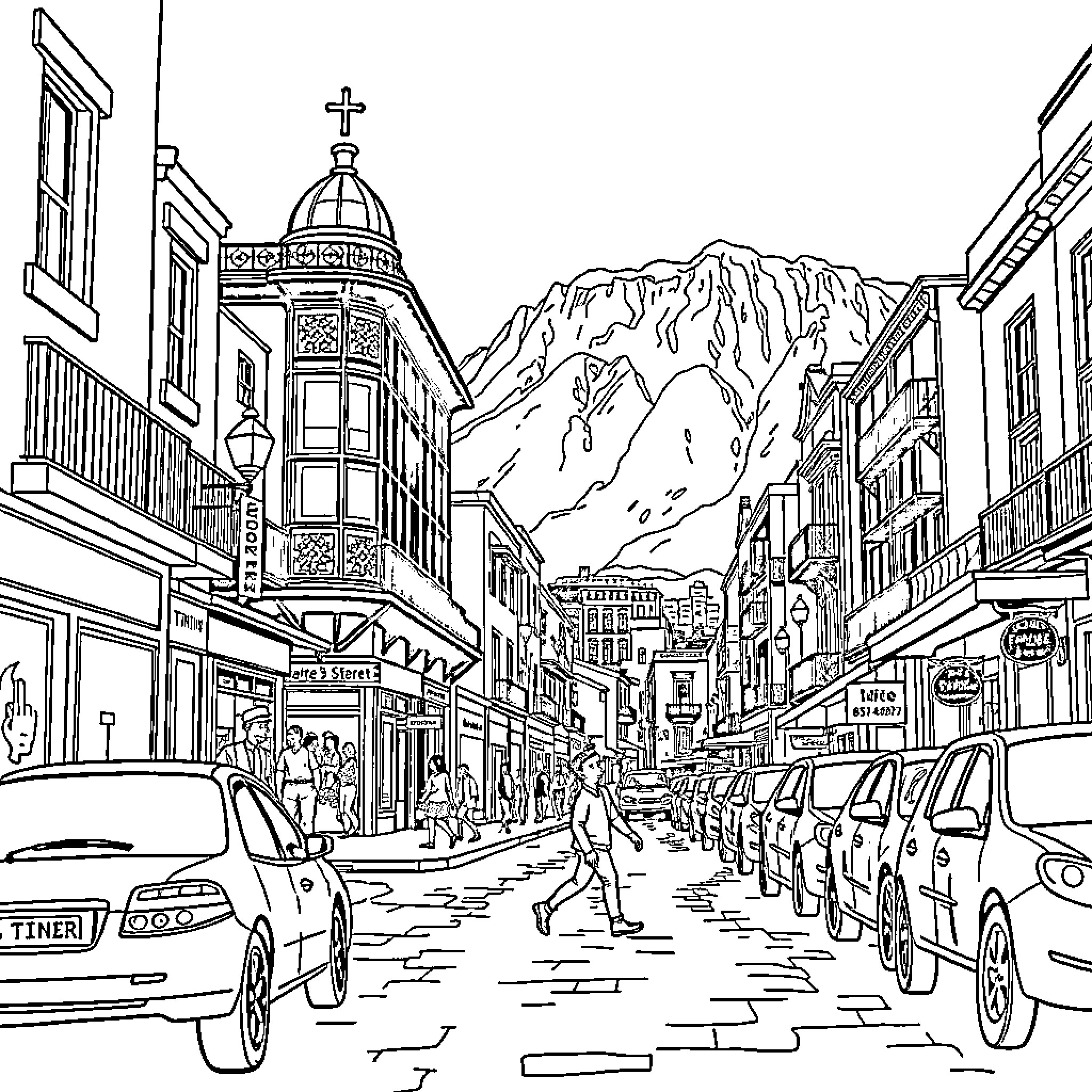 Tintin's Bustling Adventure in the City Streets Coloring Page (free black-and-white line drawing printable PDF for all, from beginners to advanced learners, including children, teens, adults, and seniors)