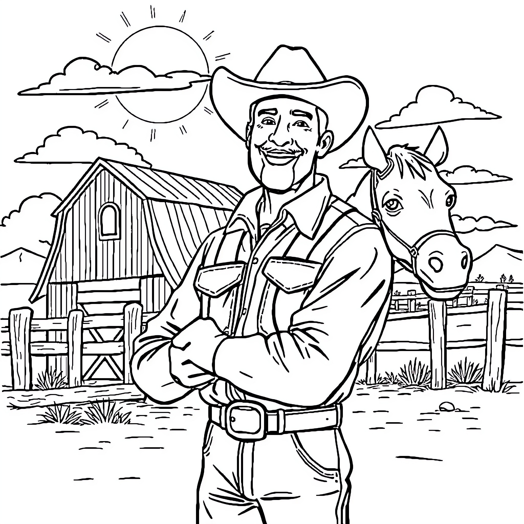Contractor in cowboy outfit working on a farm Coloring Page (free black-and-white line drawing printable PDF for all, from beginners to advanced learners, including children, teens, adults, and seniors)
