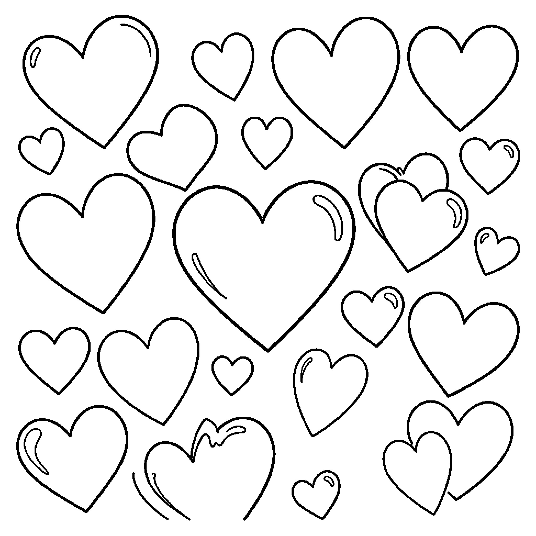 Heart shapes scattered in a playful arrangement Coloring Page (free black-and-white line drawing printable PDF for all, from beginners to advanced learners, including children, teens, adults, and seniors)